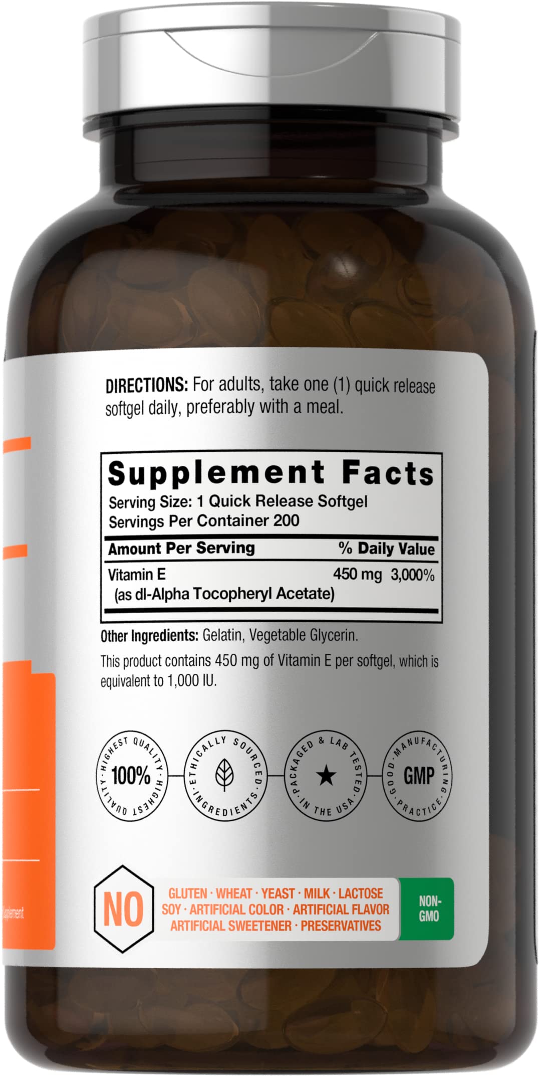 Horbäach Vitamin E 1000 IU Softgel Capsules | 200 Count | Non-GMO, Gluten Free, Preservative Free | Vitamin E Oil - Image 2