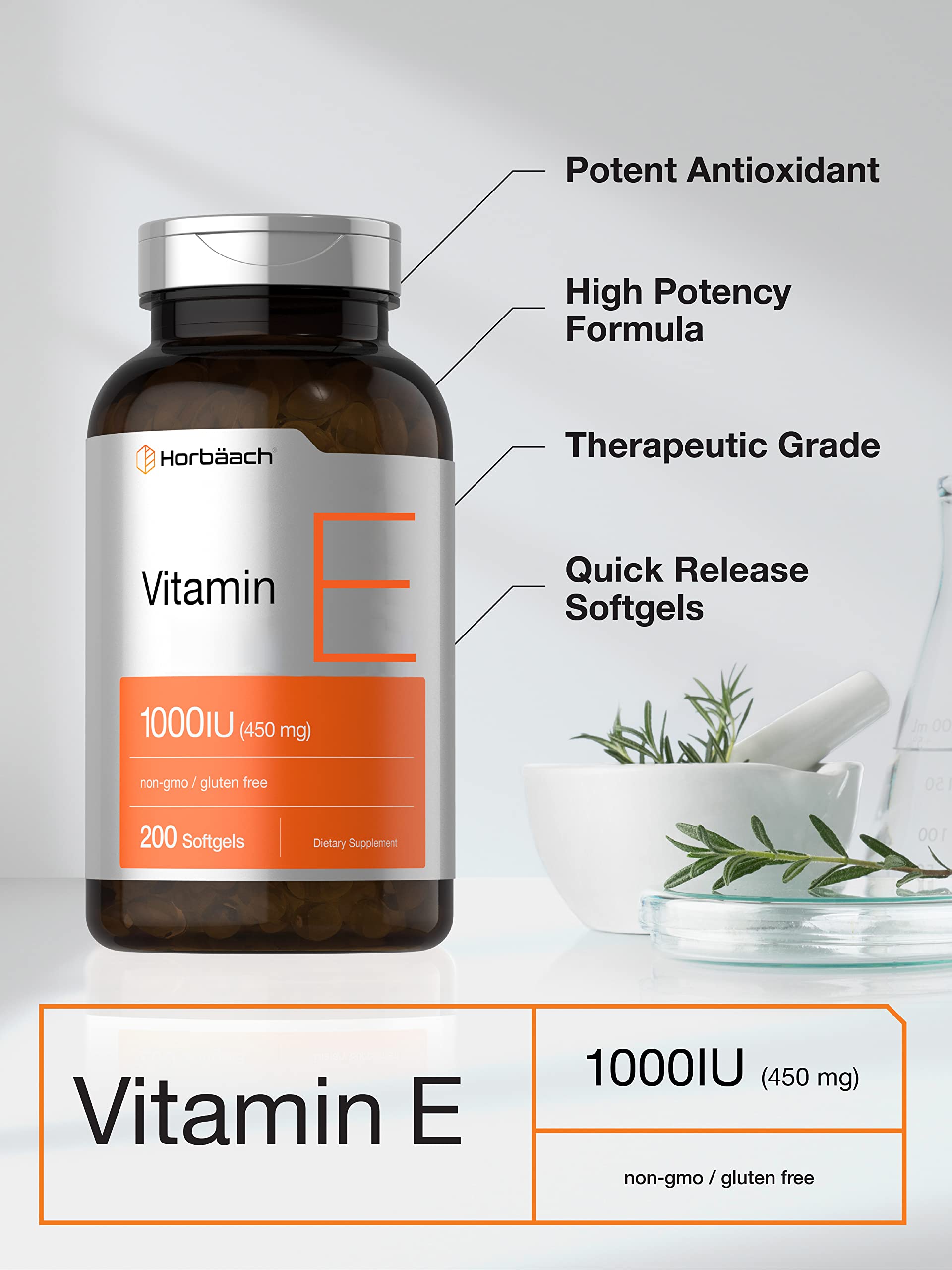 Horbäach Vitamin E 1000 IU Softgel Capsules | 200 Count | Non-GMO, Gluten Free, Preservative Free | Vitamin E Oil - Image 3