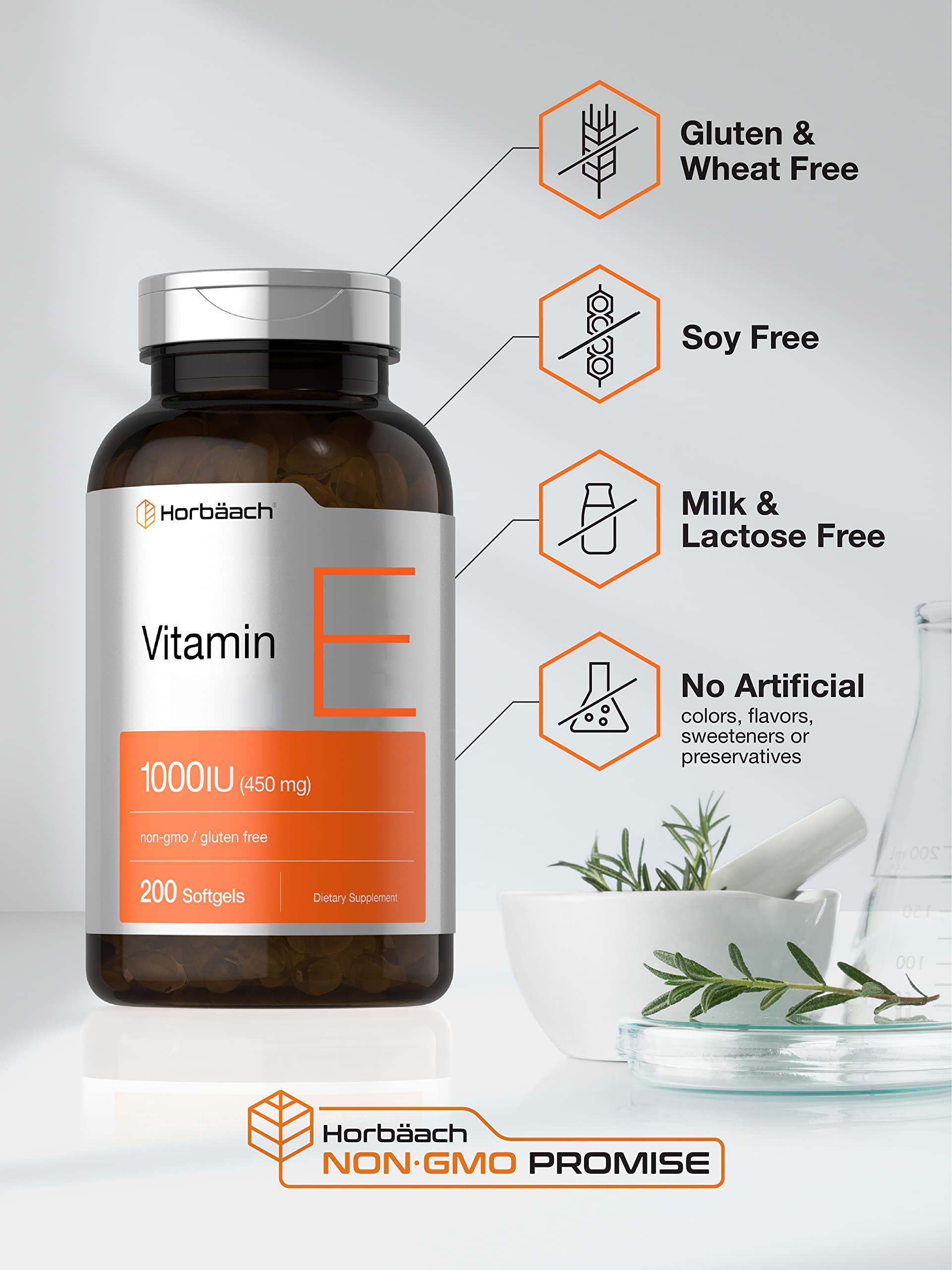 Horbäach Vitamin E 1000 IU Softgel Capsules | 200 Count | Non-GMO, Gluten Free, Preservative Free | Vitamin E Oil - Image 4