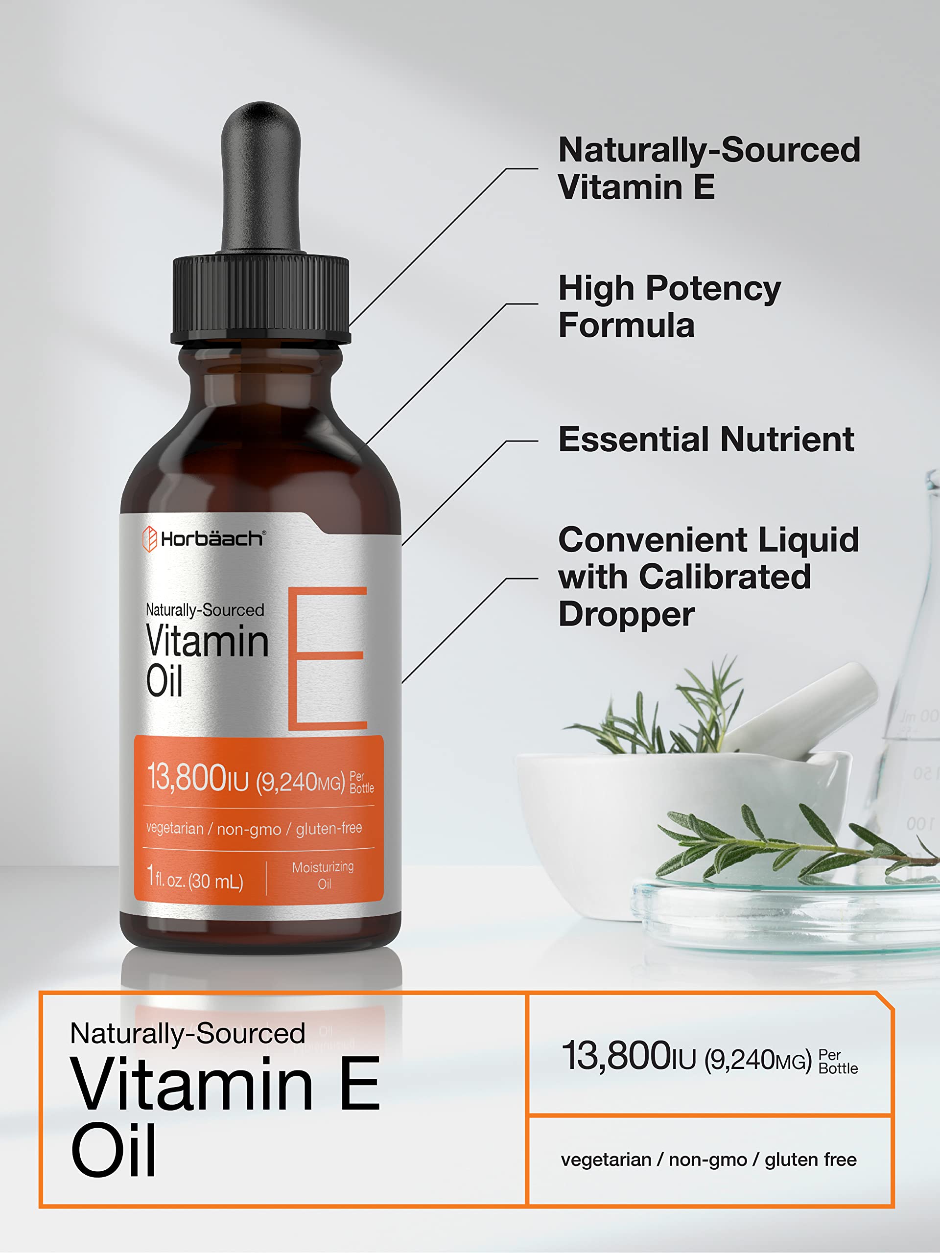 Horbäach Vitamin E Oil | 13,800 IU | 1oz | Naturally Sourced Liquid Supplement | Vegetarian, Non-GMO, and Gluten Free Formula - Image 3