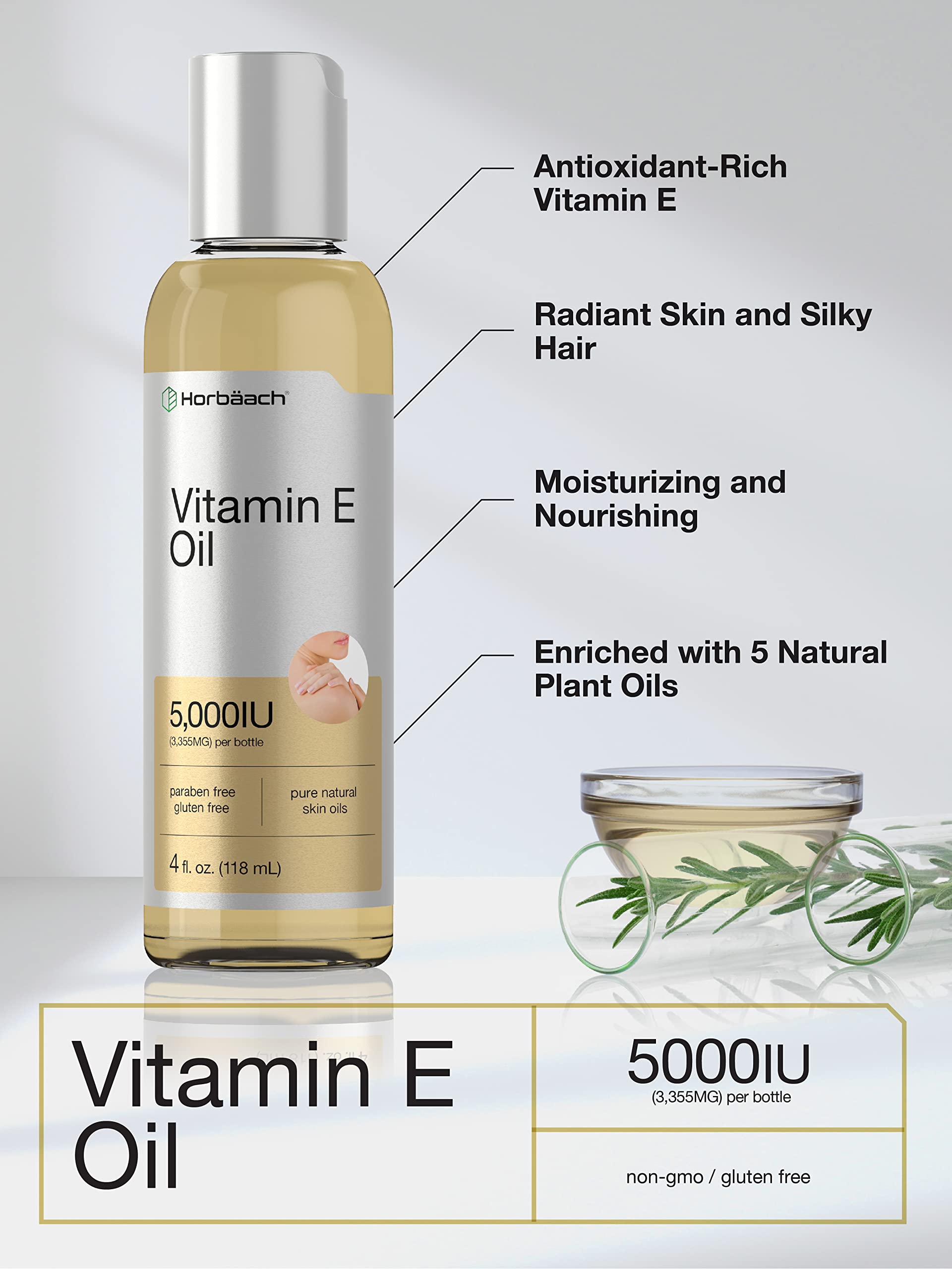 Horbäach Vitamin E Oil | 5000 IU | 8 oz (2 x 4oz) Value Pack | for Skin, Hair, Face & Body | Vegetarian, Non-GMO, and Gluten Free Formula - Image 3
