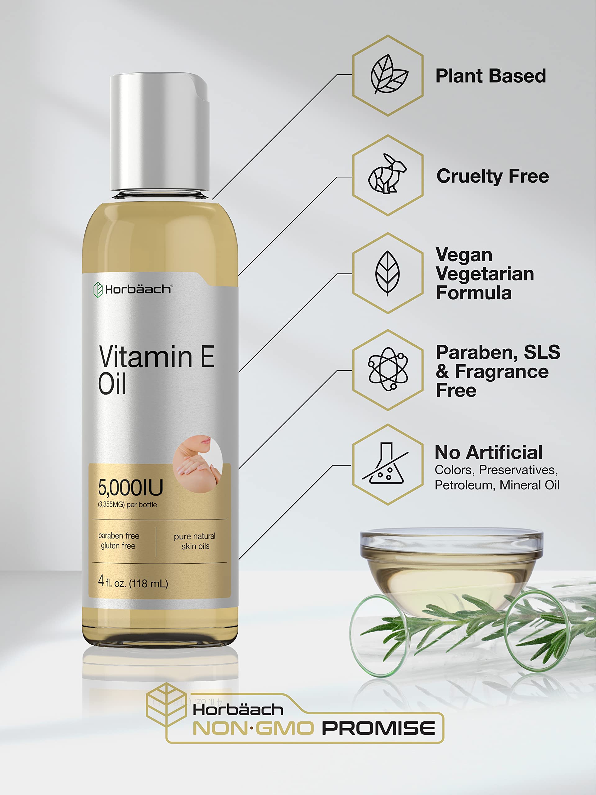 Horbäach Vitamin E Oil | 5000 IU | 8 oz (2 x 4oz) Value Pack | for Skin, Hair, Face & Body | Vegetarian, Non-GMO, and Gluten Free Formula - Image 4