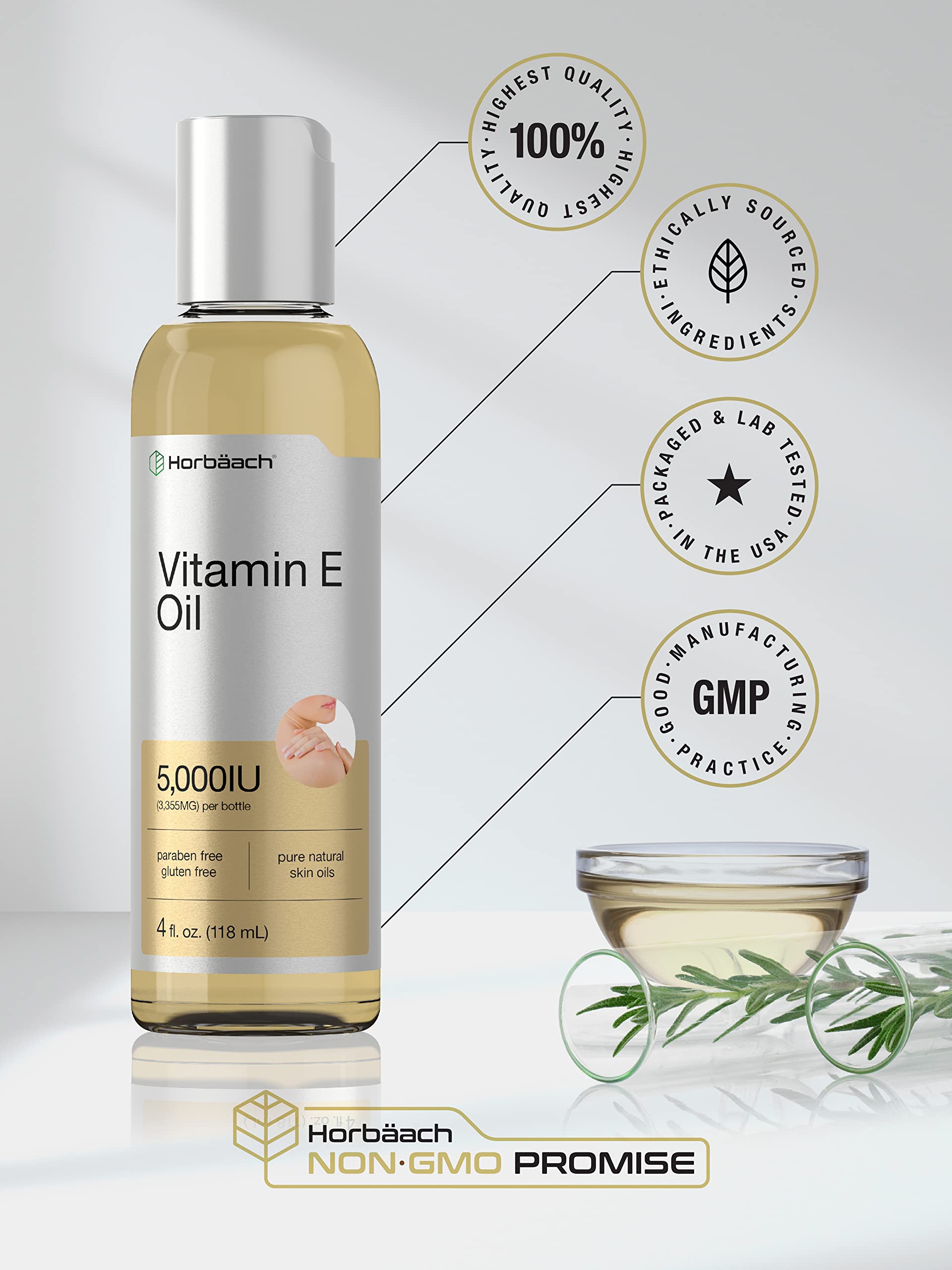 Horbäach Vitamin E Oil | 5000 IU | 8 oz (2 x 4oz) Value Pack | for Skin, Hair, Face & Body | Vegetarian, Non-GMO, and Gluten Free Formula - Image 5