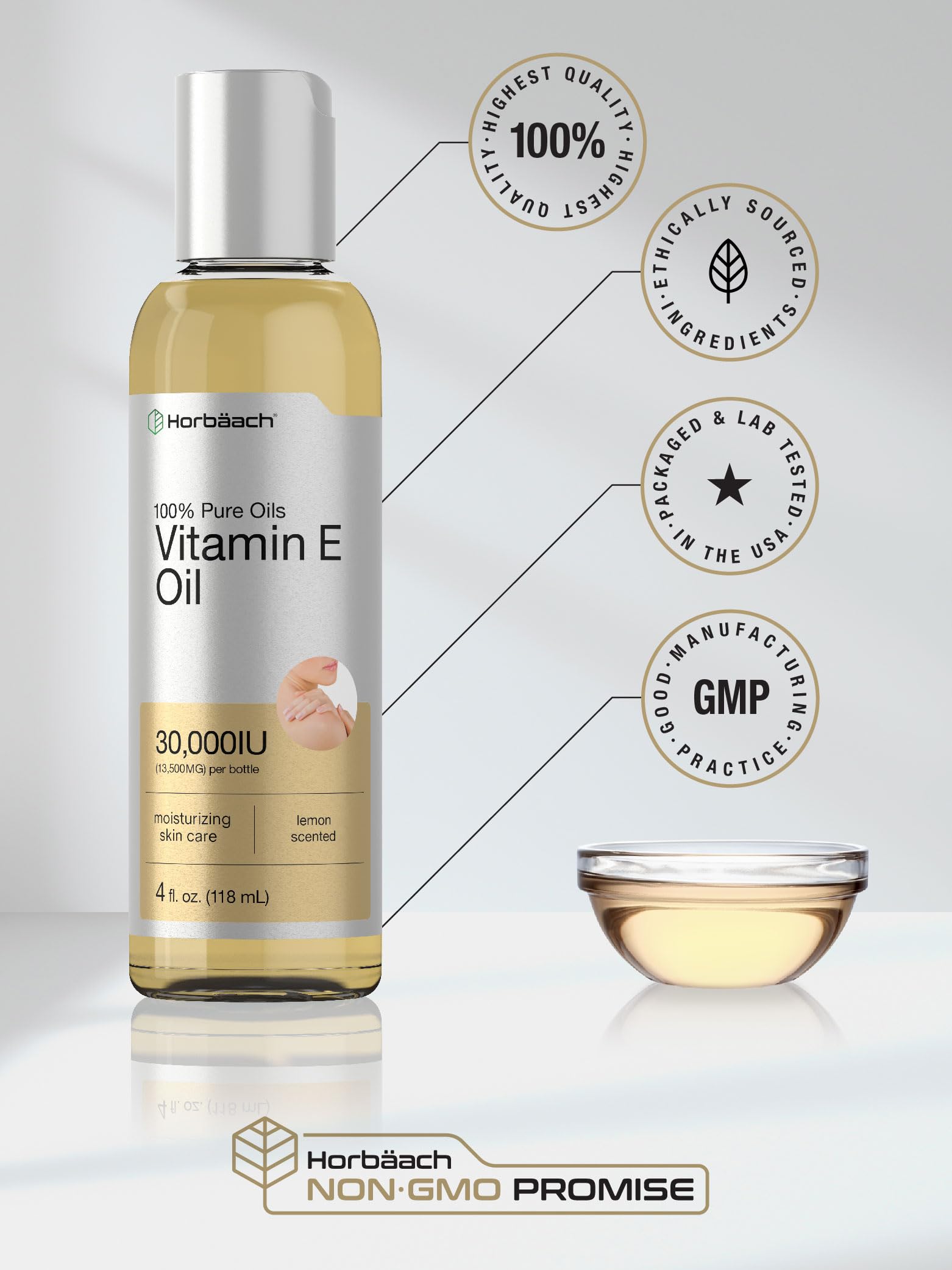 Horbäach Vitamin E Oil For Skin and Face | 4 fl oz | 100% Pure Oils | Moisturizing Skin Care | Non-GMO, Vegetarian | Lemon Scented - Image 5