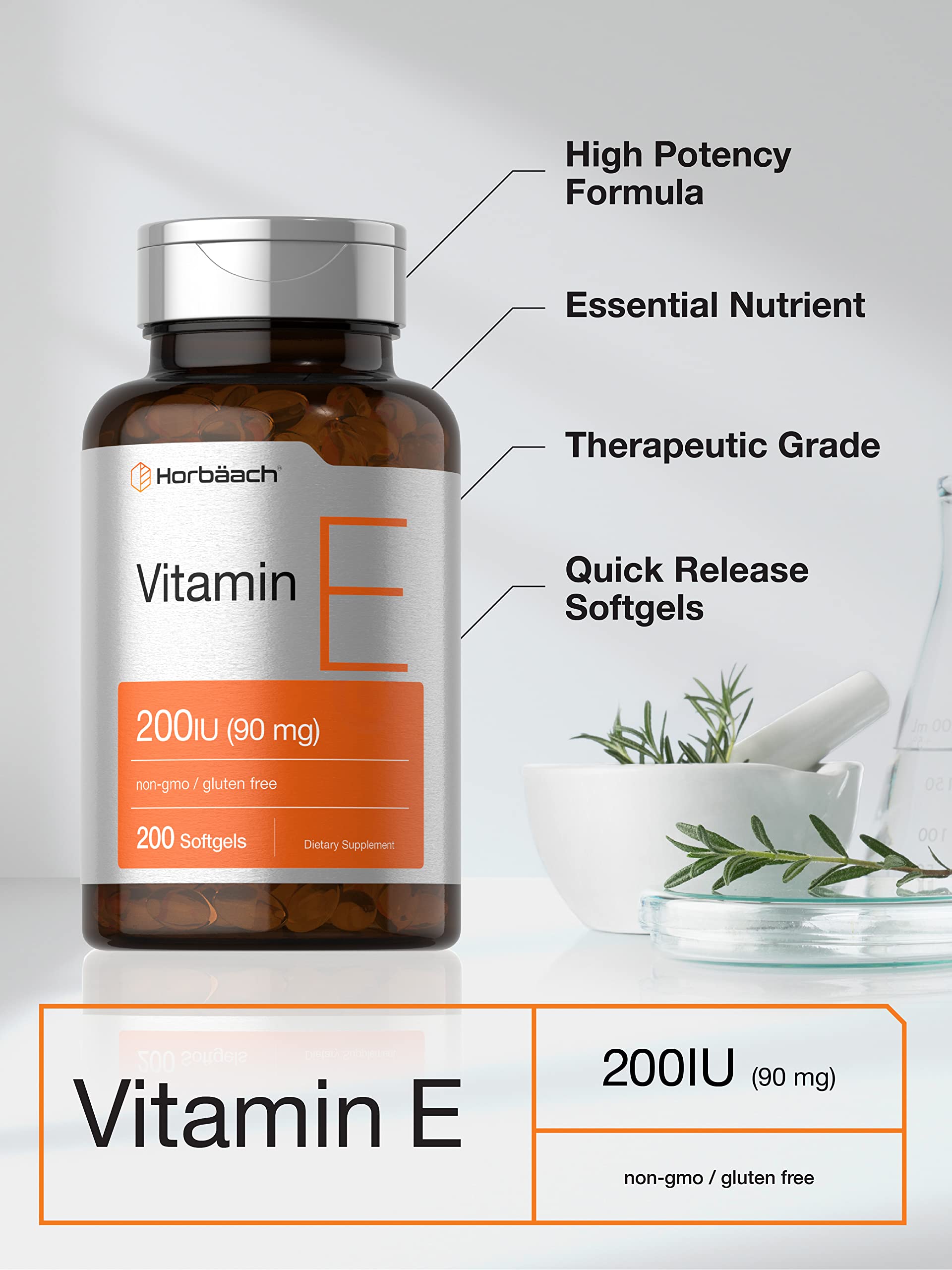 Horbäach Vitamin E Softgel Capsules 200 IU | 90 mg Supplement | 200 Count | Non-GMO and Gluten Free Formula - Image 3