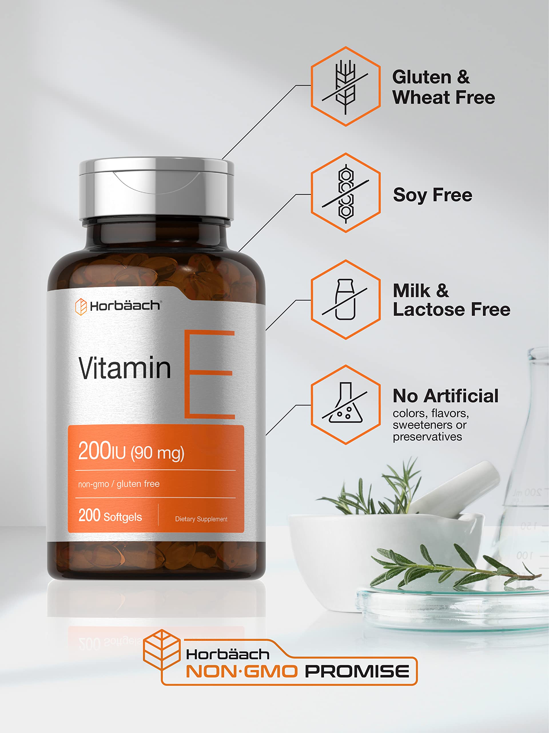 Horbäach Vitamin E Softgel Capsules 200 IU | 90 mg Supplement | 200 Count | Non-GMO and Gluten Free Formula - Image 4