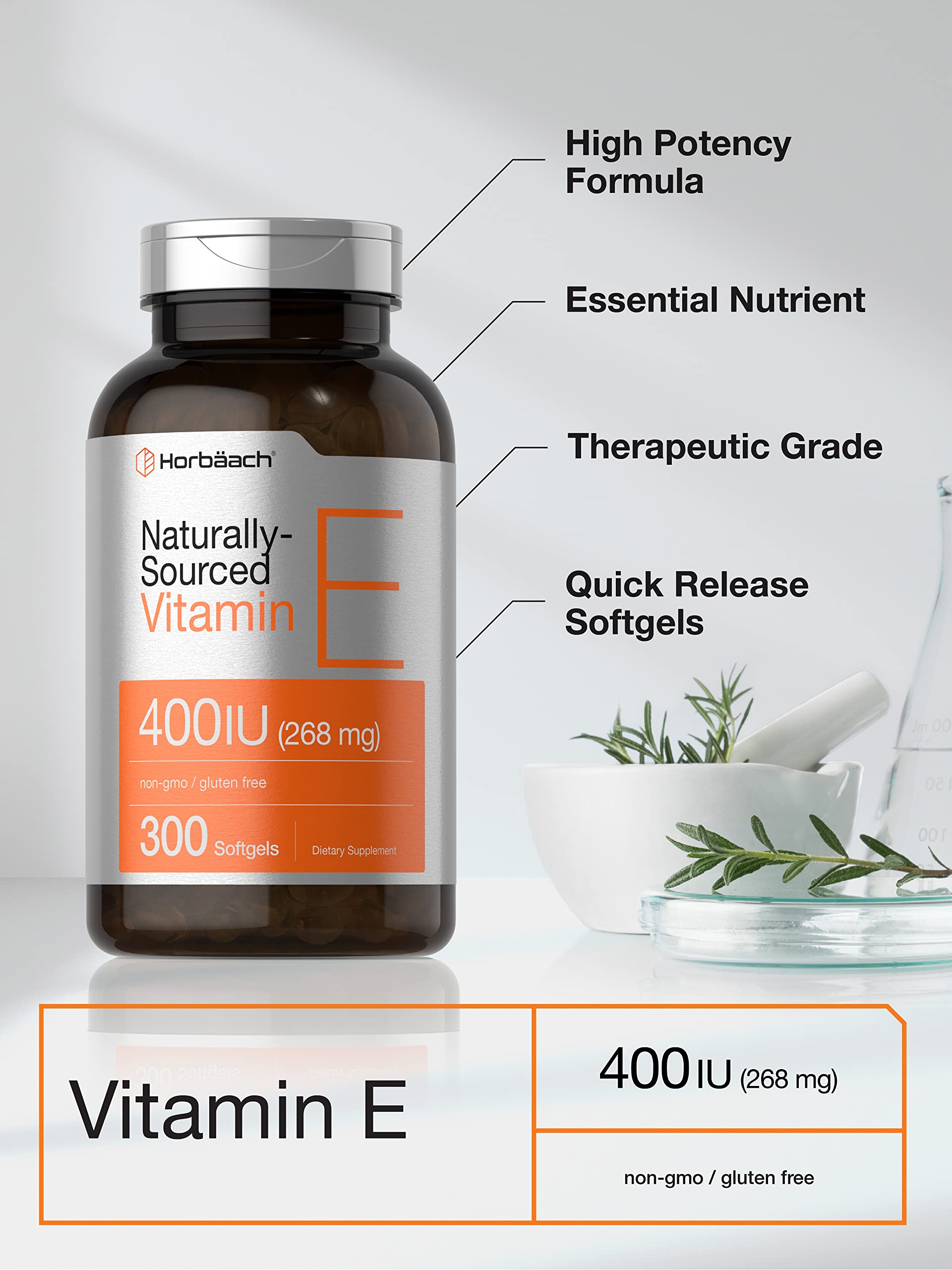 Horbäach Vitamin E Softgel Capsules | 400 iu | 268mg | 300 Count | Non-GMO and Gluten Free Naturally-Sourced Formula | D-Alpha Tocopherol - Image 3