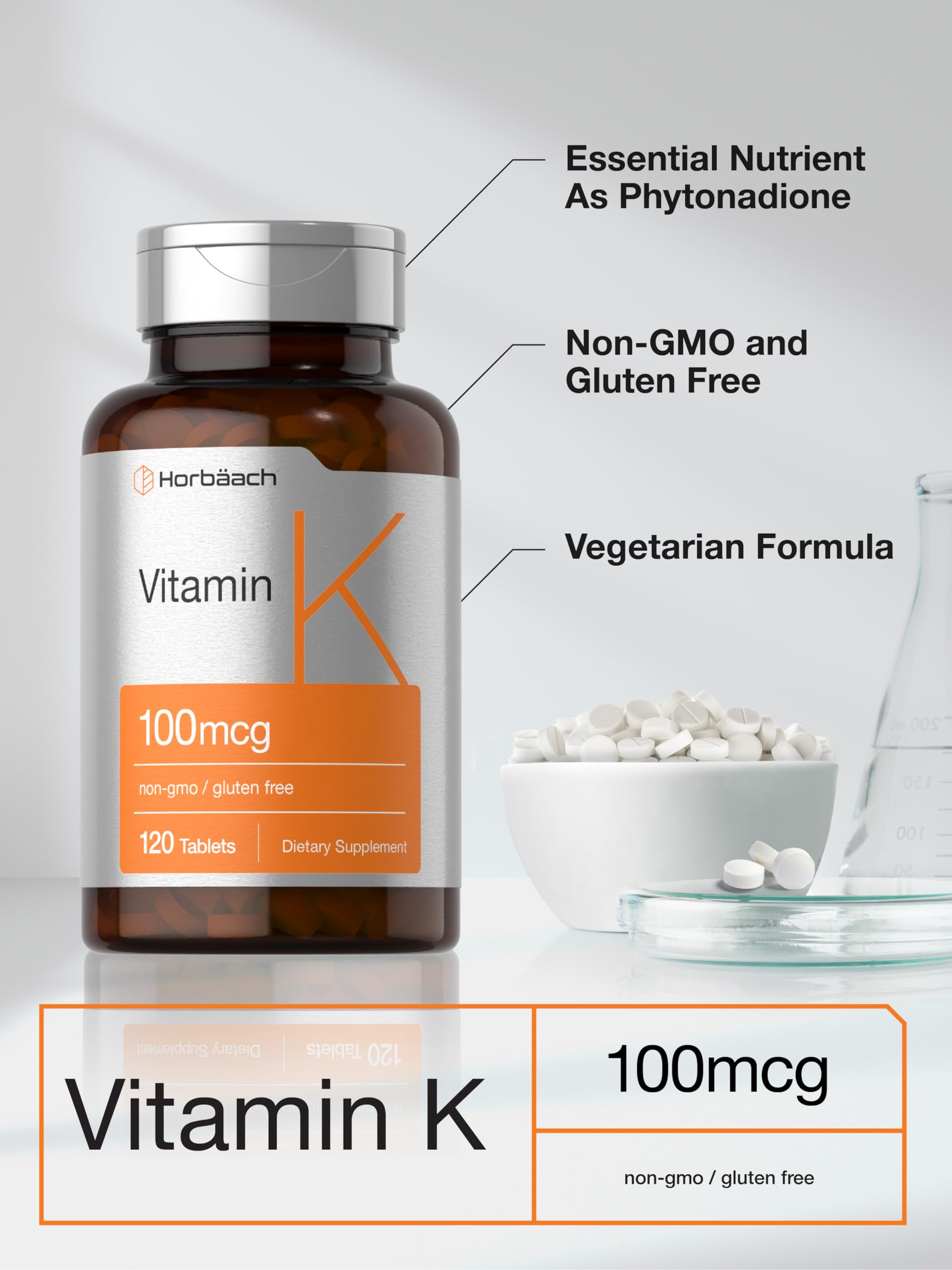 Horbäach Vitamin K Supplement | 100mcg | 120 Tablets | Vegetarian, Non-GMO & Gluten Free Supplement - Image 4