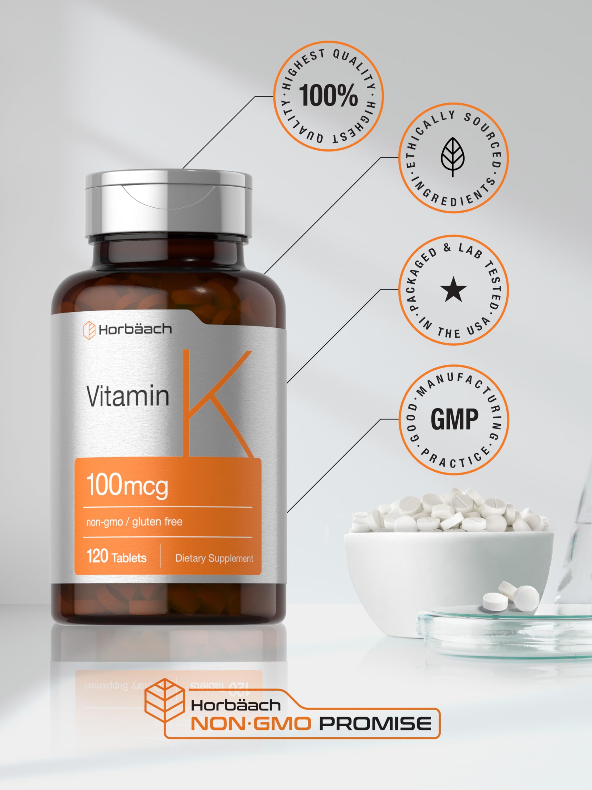 Horbäach Vitamin K Supplement | 100mcg | 120 Tablets | Vegetarian, Non-GMO & Gluten Free Supplement - Image 6