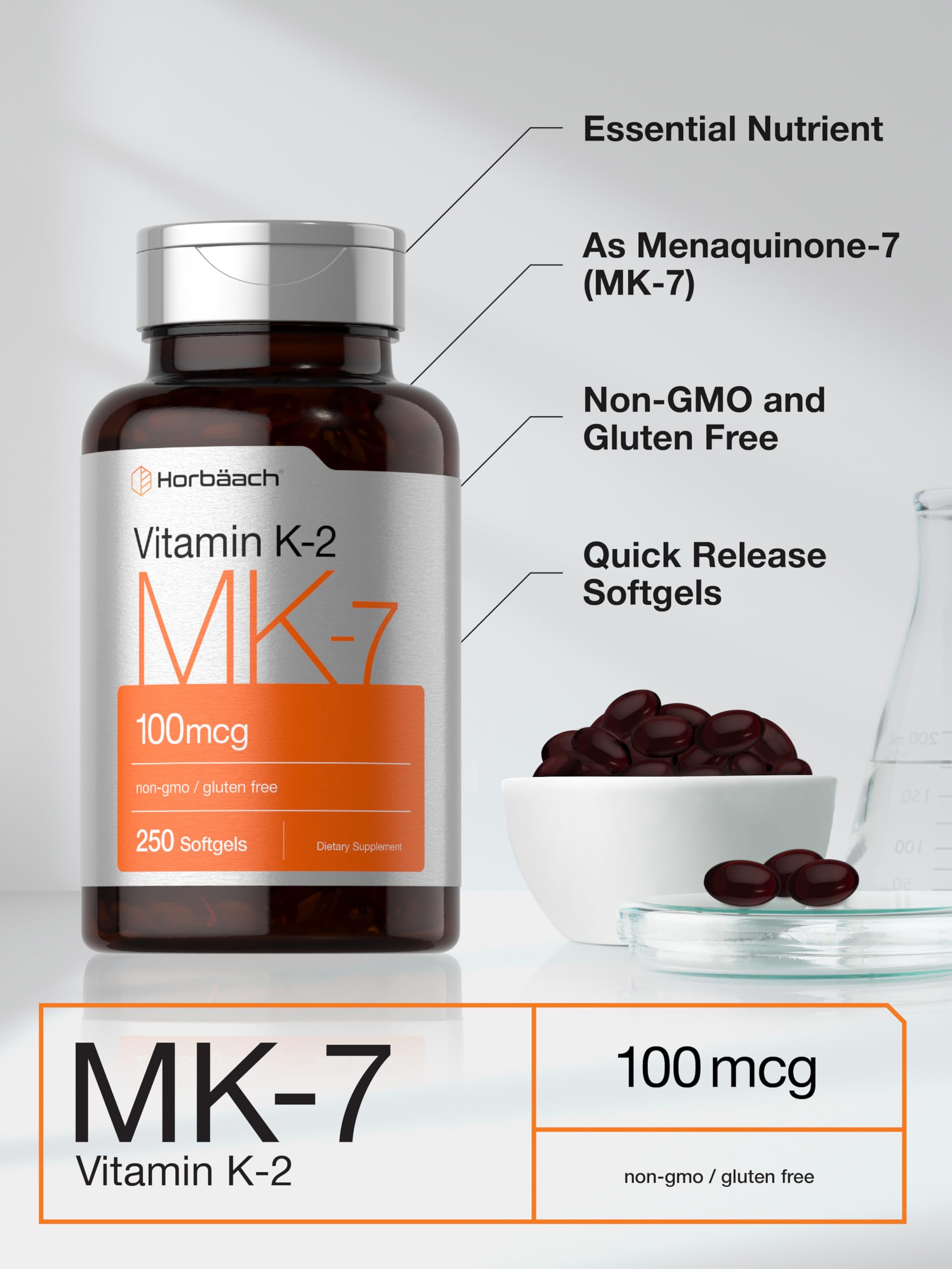 Horbäach Vitamin K2 MK7 100mcg | 250 Softgels | Non-GMO, Gluten Free Supplement - Image 4