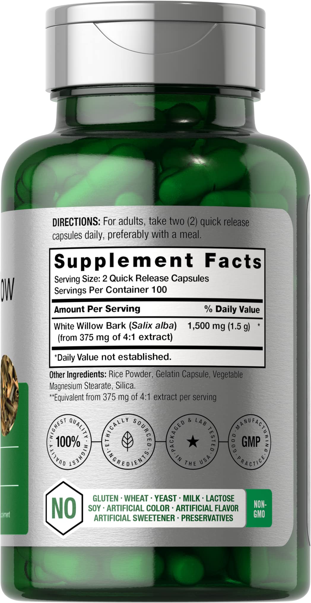 Horbäach White Willow Bark Capsules | 200 Pills | Max Strength | Non-GMO, Gluten Free Herb Extract - Image 2