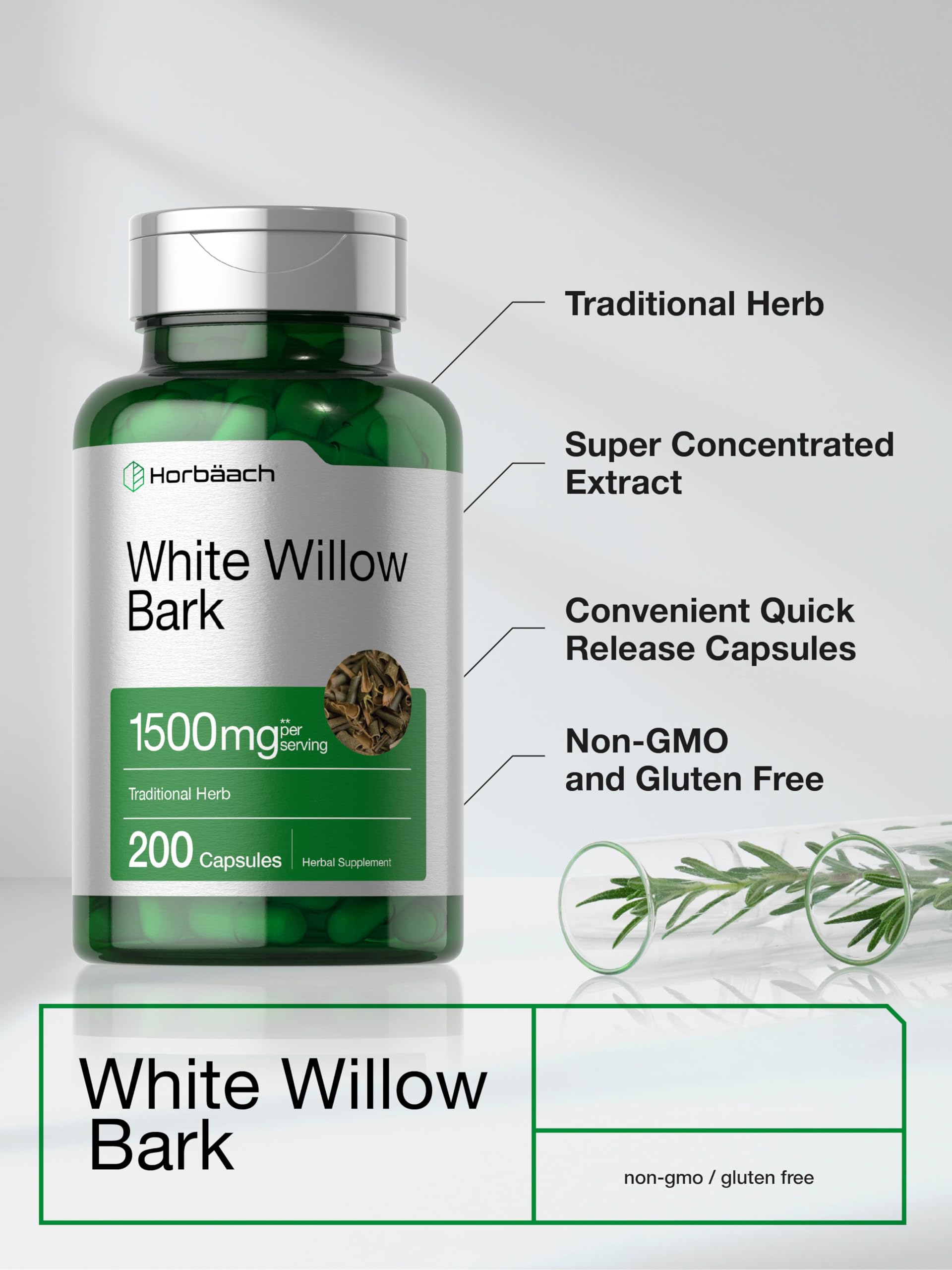 Horbäach White Willow Bark Capsules | 200 Pills | Max Strength | Non-GMO, Gluten Free Herb Extract - Image 3