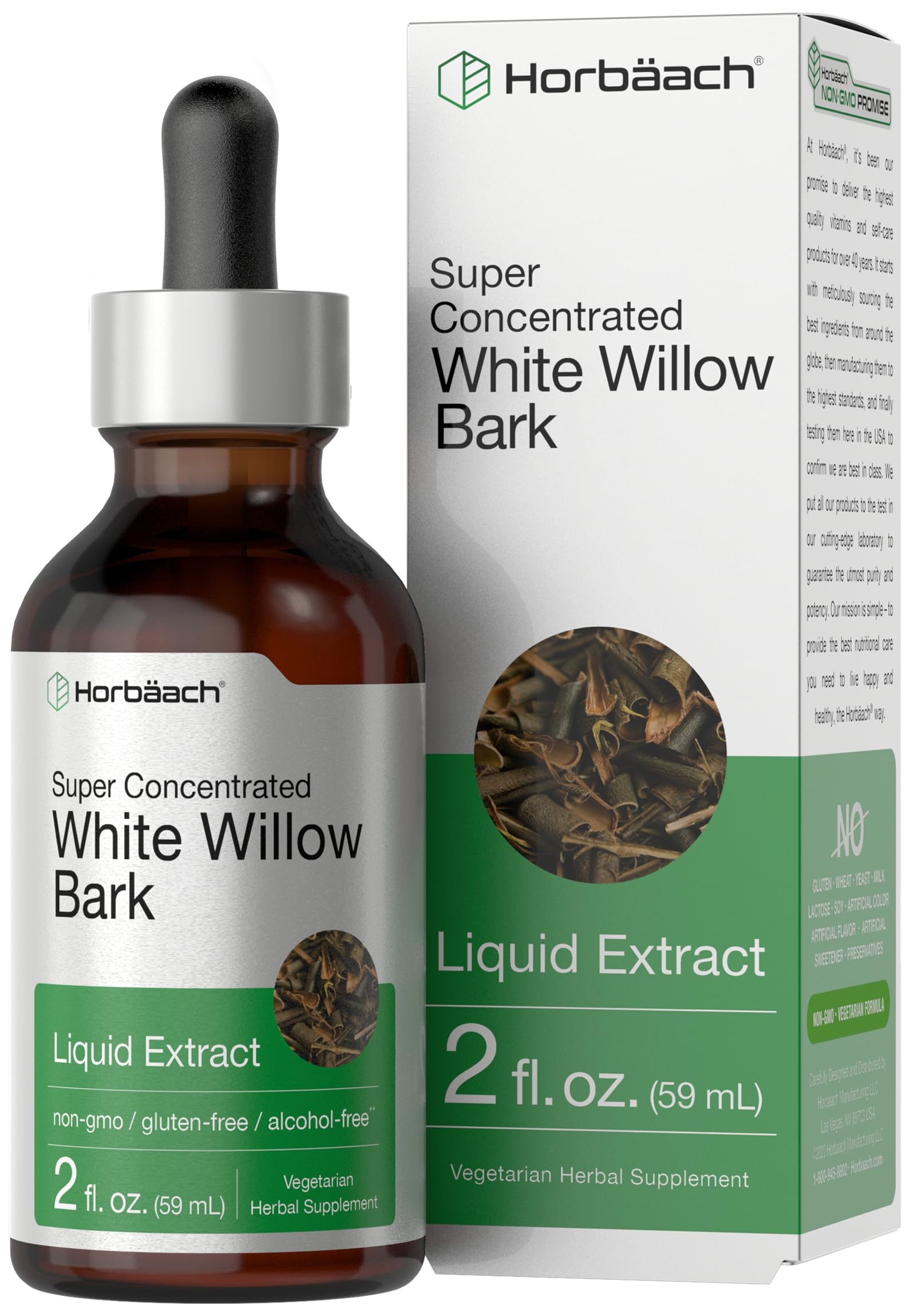 Horbäach White Willow Bark Extract Tincture | 2 Fl oz | Alcohol Free Liquid Supplement | Super Concentrated | Vegetarian, Non-GMO, Gluten Free