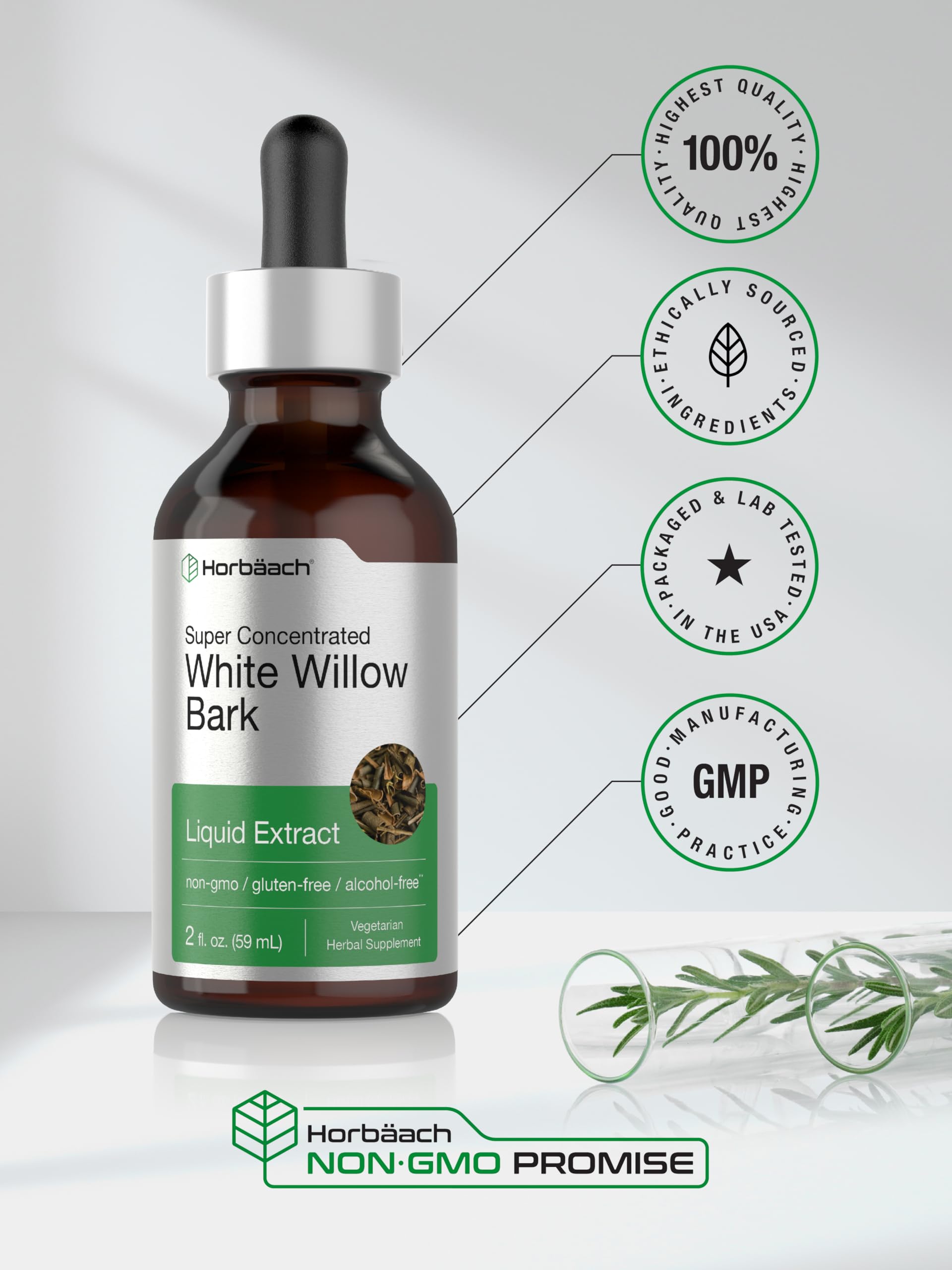 Horbäach White Willow Bark Extract Tincture | 2 Fl oz | Alcohol Free Liquid Supplement | Super Concentrated | Vegetarian, Non-GMO, Gluten Free - Image 6