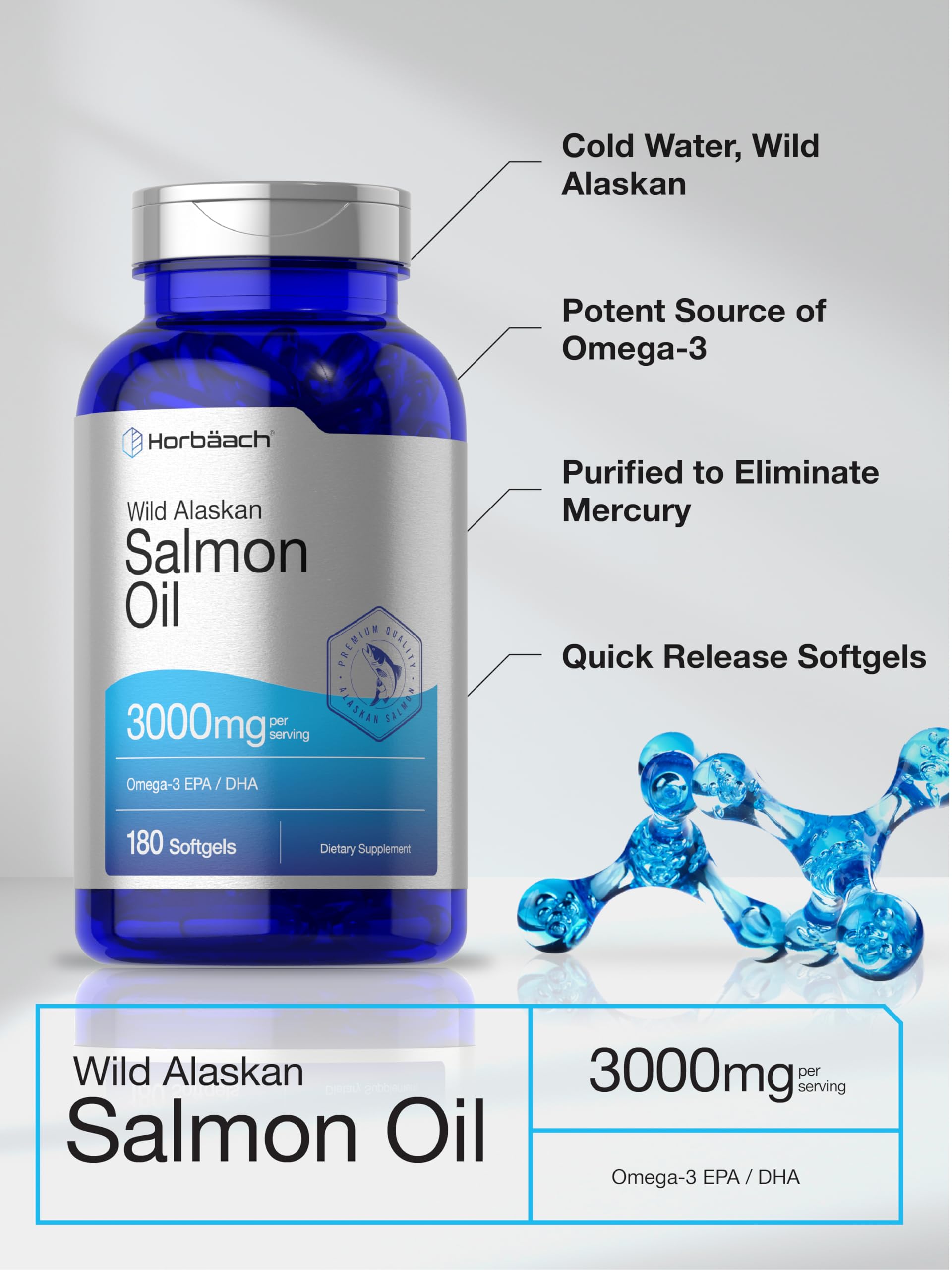 Horbäach Wild Alaskan Salmon Fish Oil | 180 Softgel Capsules | Gluten Free, Non-GMO | High Potency | Excellent Source of Omega-3 Fatty Acids EPA and DHA - Image 4