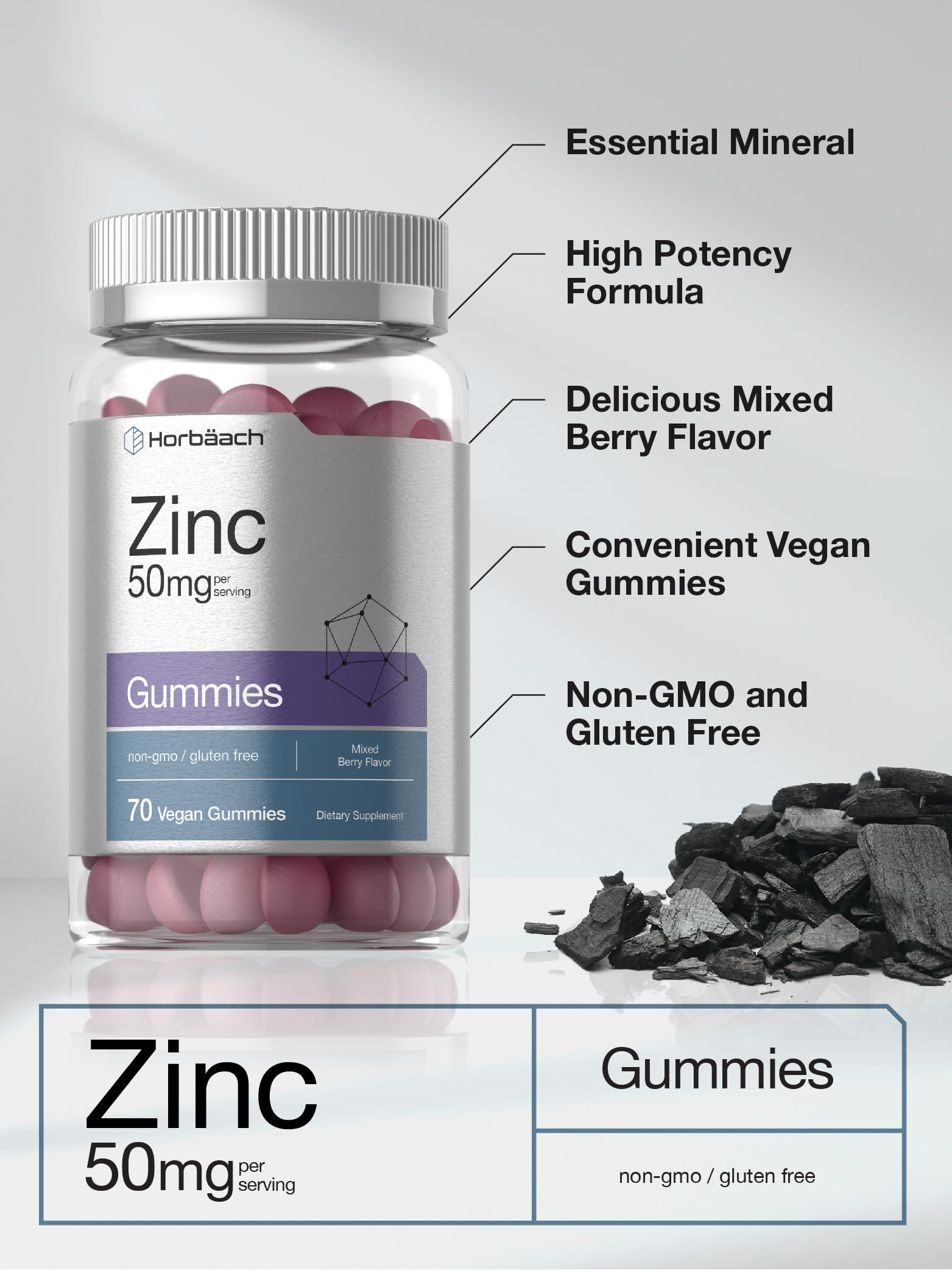 Horbäach Zinc Gummies | 50mg | 70 Count | Mixed Berry Flavor | Vegan, Non-GMO, Gluten Free Formula - Image 4