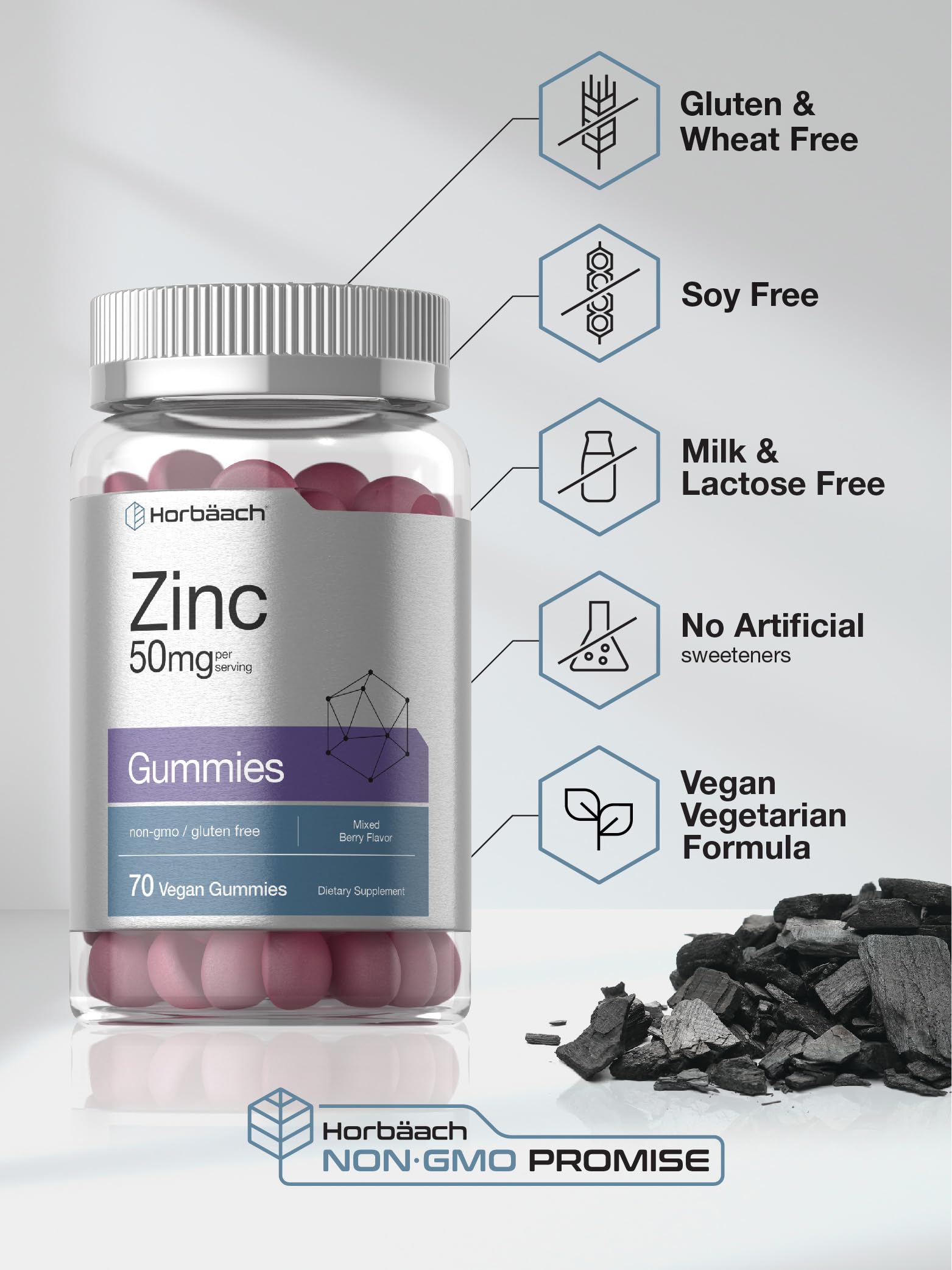 Horbäach Zinc Gummies | 50mg | 70 Count | Mixed Berry Flavor | Vegan, Non-GMO, Gluten Free Formula - Image 5