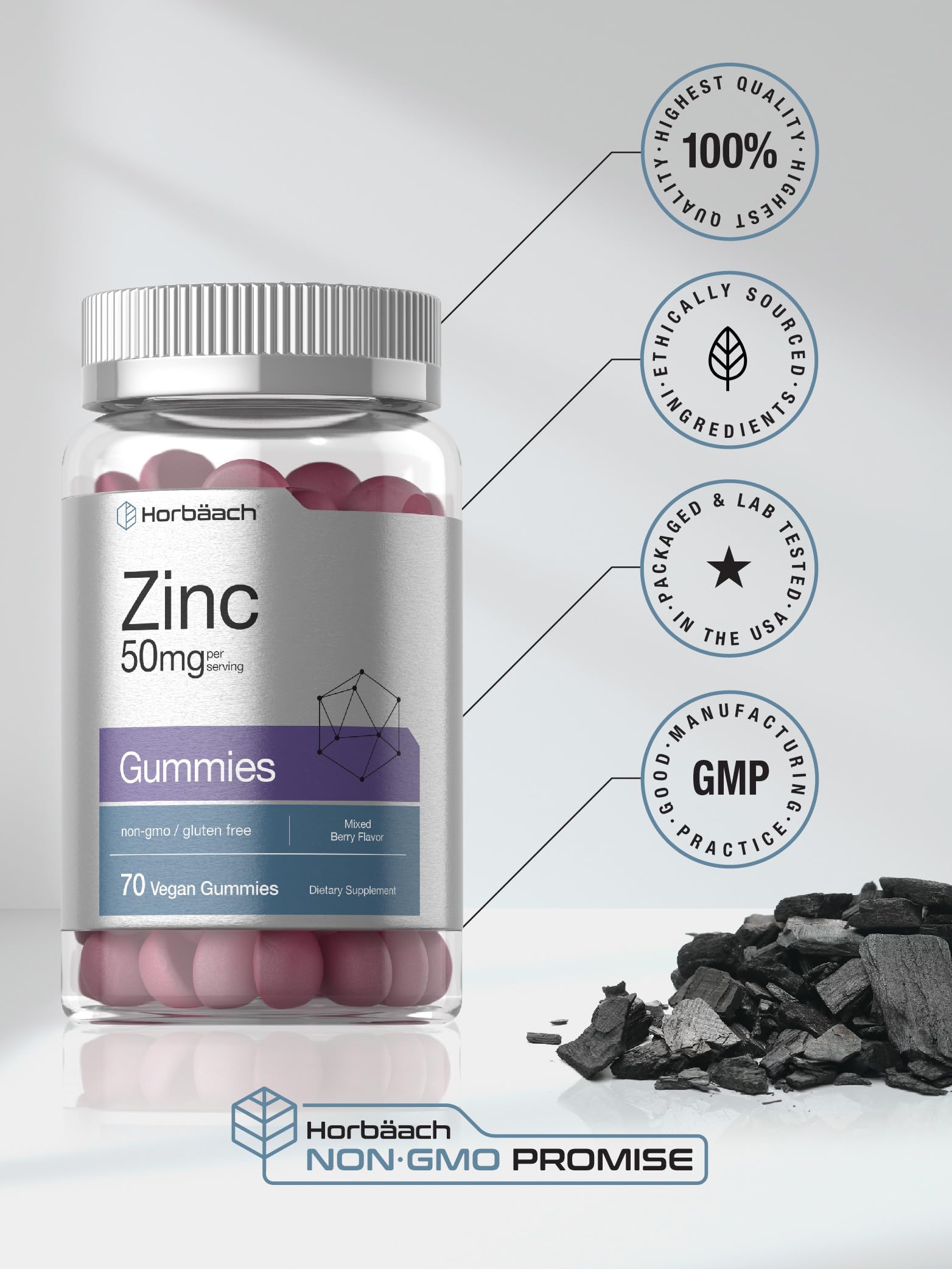 Horbäach Zinc Gummies | 50mg | 70 Count | Mixed Berry Flavor | Vegan, Non-GMO, Gluten Free Formula - Image 6