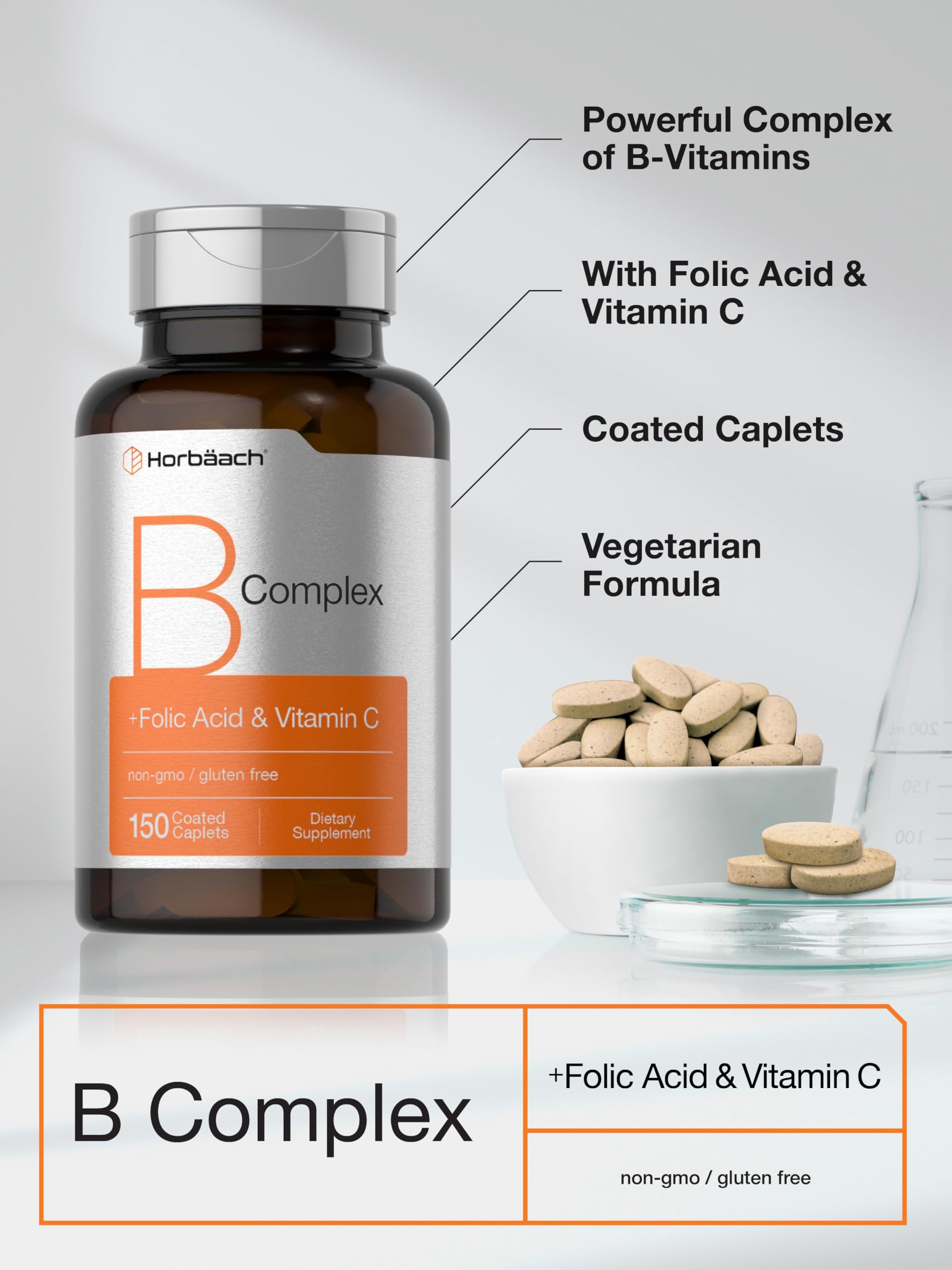 Horbaach B Complex Vitamins for Women and Men | 150 Caplets | with Folic Acid & Vitamin C | Non-GMO & Gluten Free Supplement - Image 4