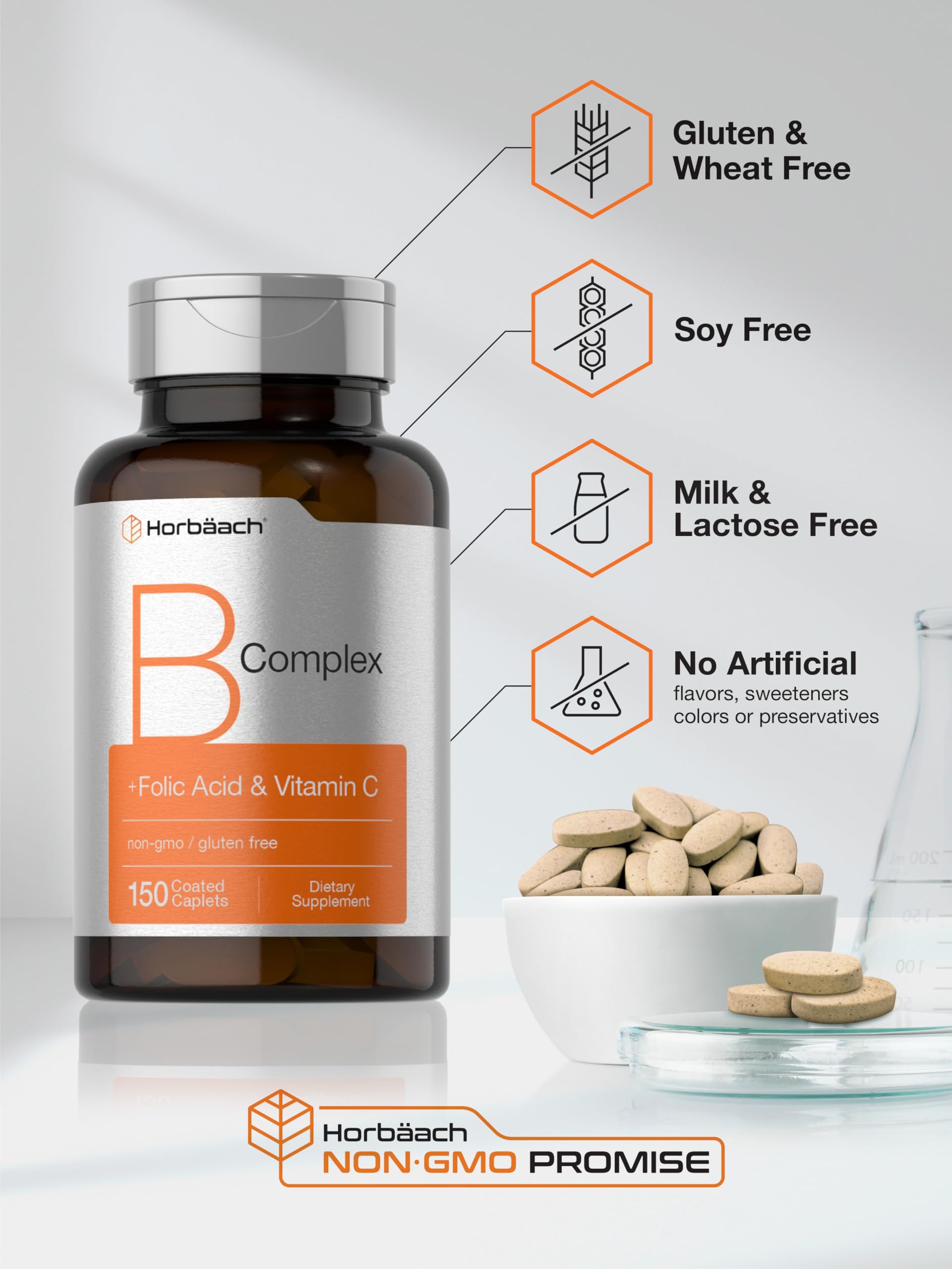 Horbaach B Complex Vitamins for Women and Men | 150 Caplets | with Folic Acid & Vitamin C | Non-GMO & Gluten Free Supplement - Image 5