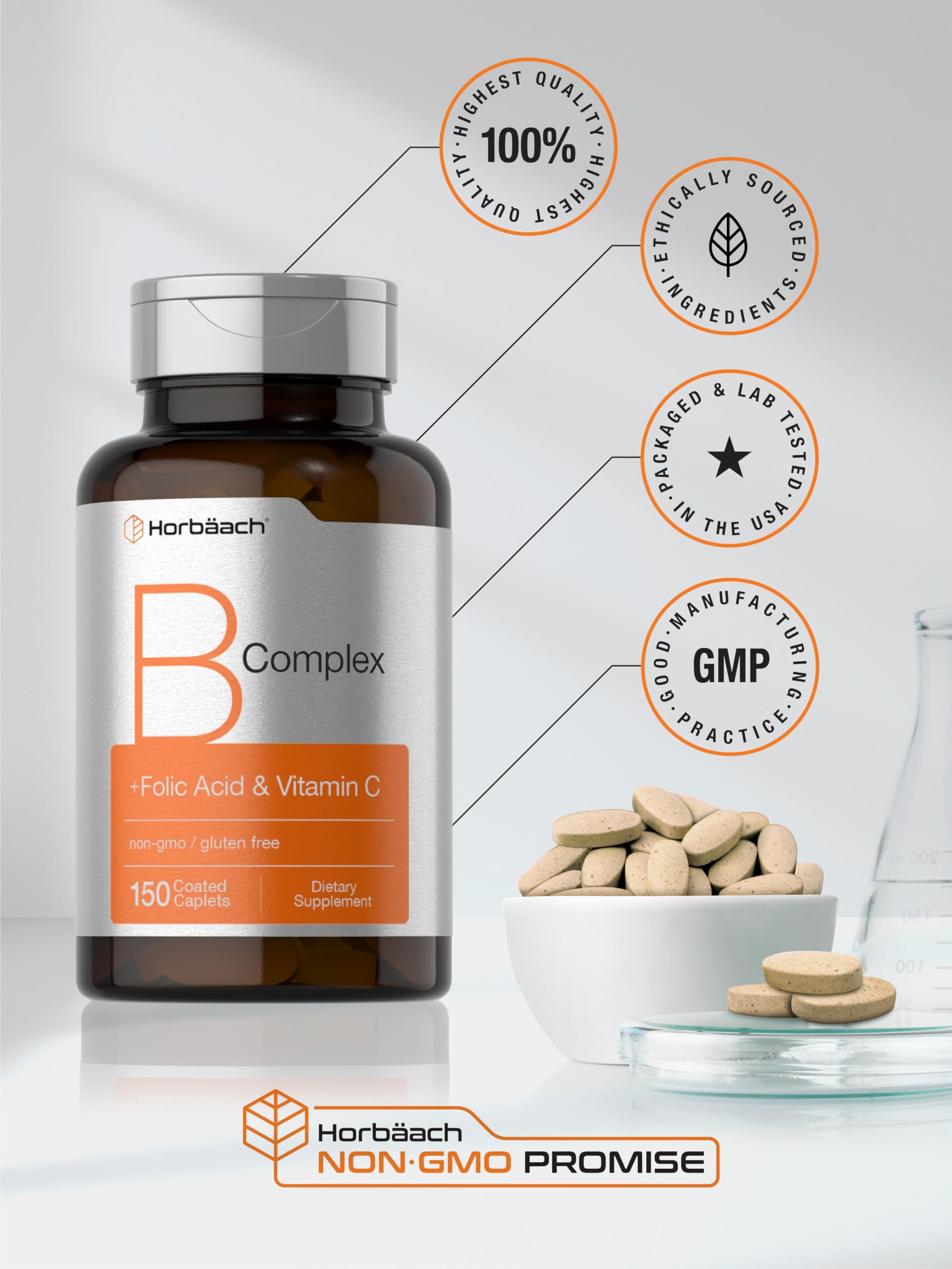 Horbaach B Complex Vitamins for Women and Men | 150 Caplets | with Folic Acid & Vitamin C | Non-GMO & Gluten Free Supplement - Image 6