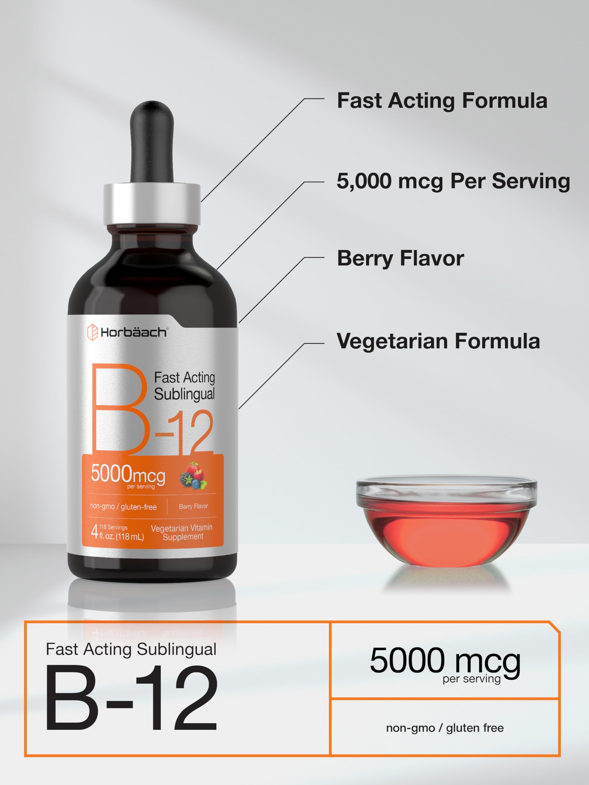 Horbaach B12 Vitamin 5000 mcg Sublingual | 4 Fl Oz | as Methylcobalamin and Cyanocobalamin | Liquid Vegetarian Drops | Berry Flavor | Non-GMO & Gluten Free Supplement - Image 4