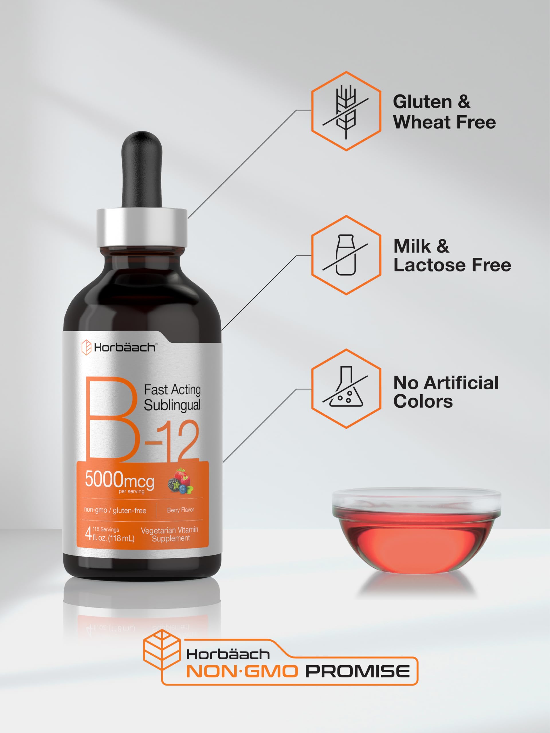 Horbaach B12 Vitamin 5000 mcg Sublingual | 4 Fl Oz | as Methylcobalamin and Cyanocobalamin | Liquid Vegetarian Drops | Berry Flavor | Non-GMO & Gluten Free Supplement - Image 5