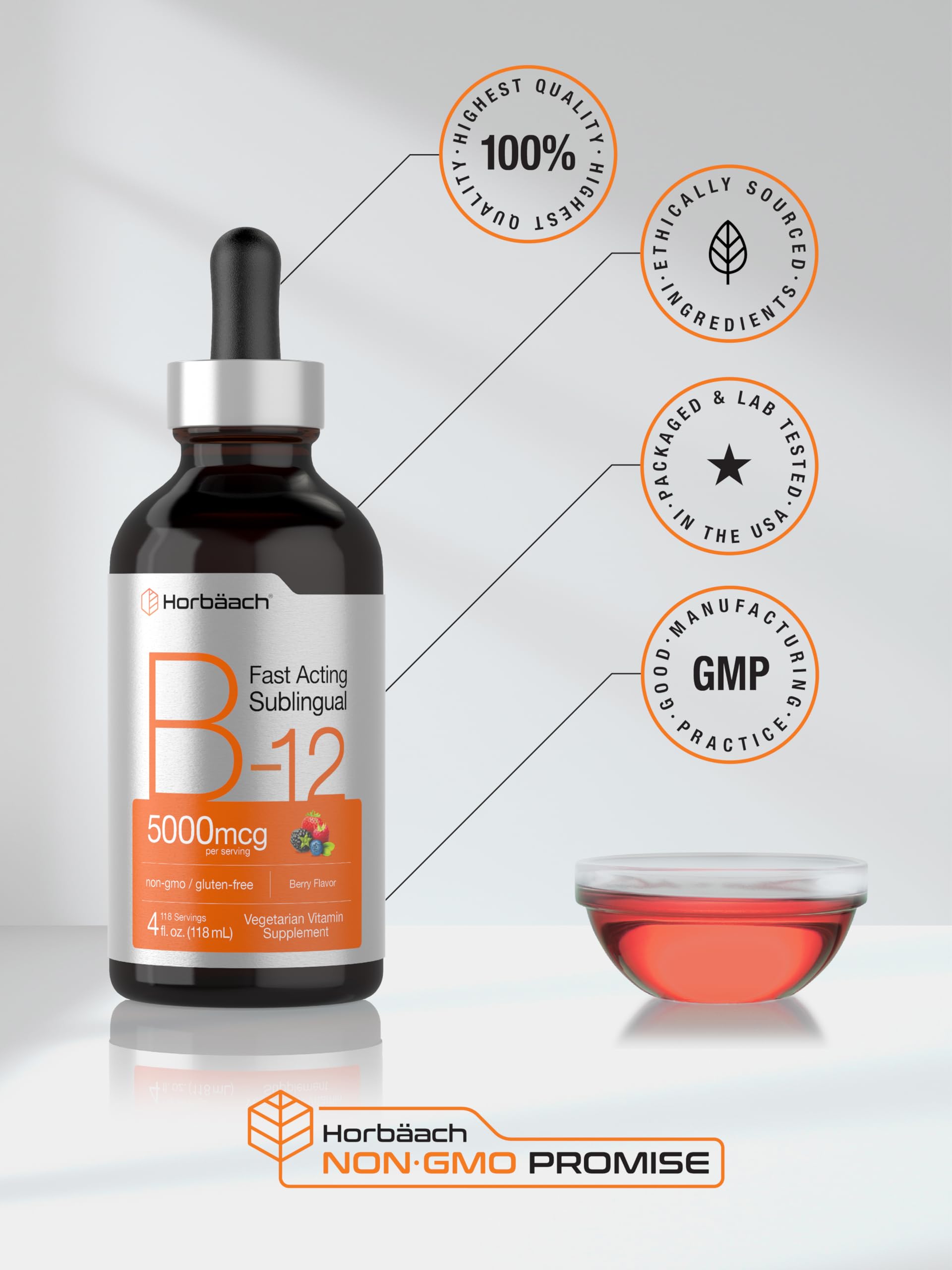 Horbaach B12 Vitamin 5000 mcg Sublingual | 4 Fl Oz | as Methylcobalamin and Cyanocobalamin | Liquid Vegetarian Drops | Berry Flavor | Non-GMO & Gluten Free Supplement - Image 6