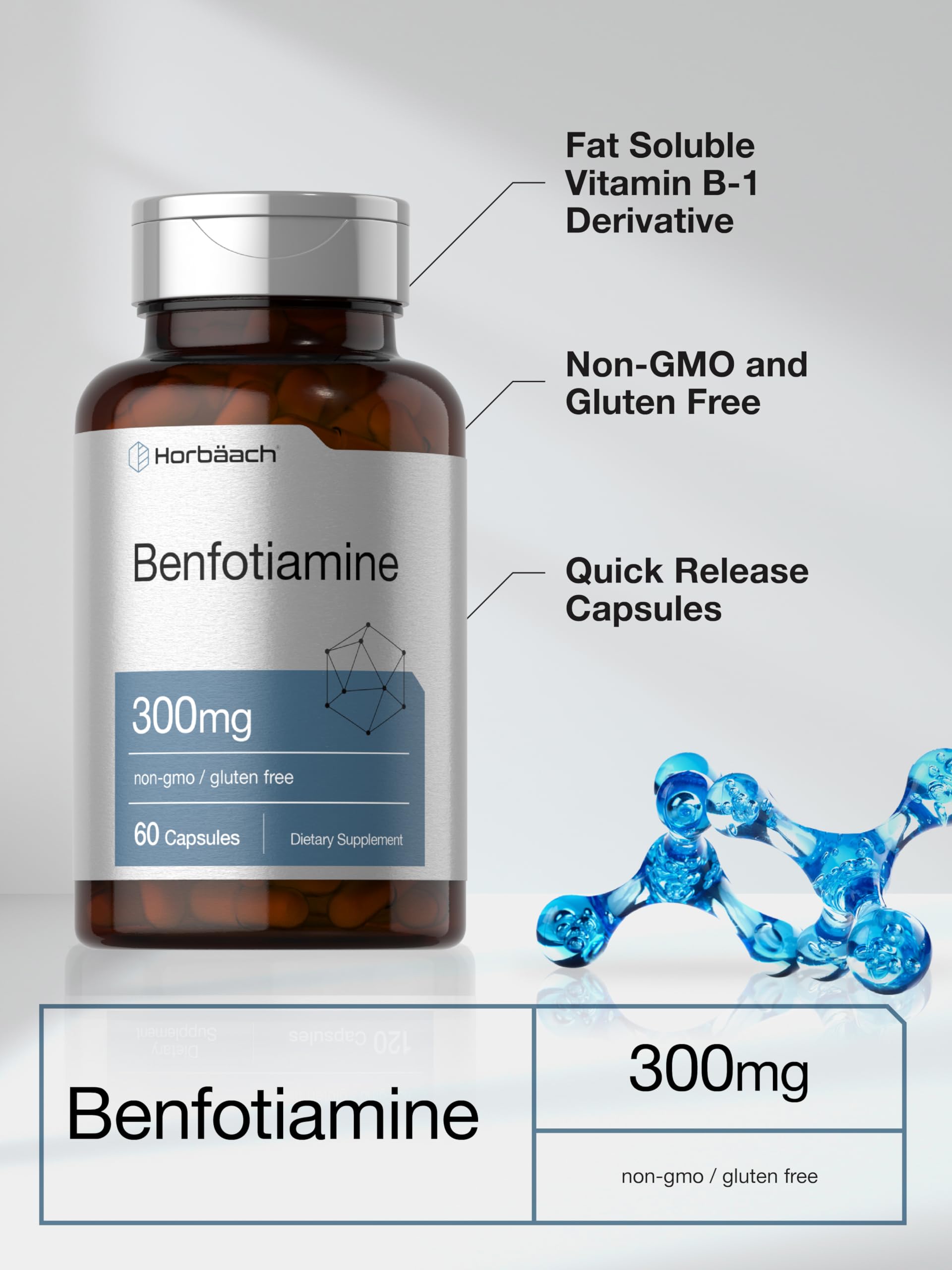 Horbaach Benfotiamine 300mg | 60 Capsules | Vitamin B1 Thiamine | Non-GMO & Gluten Free Supplement - Image 4