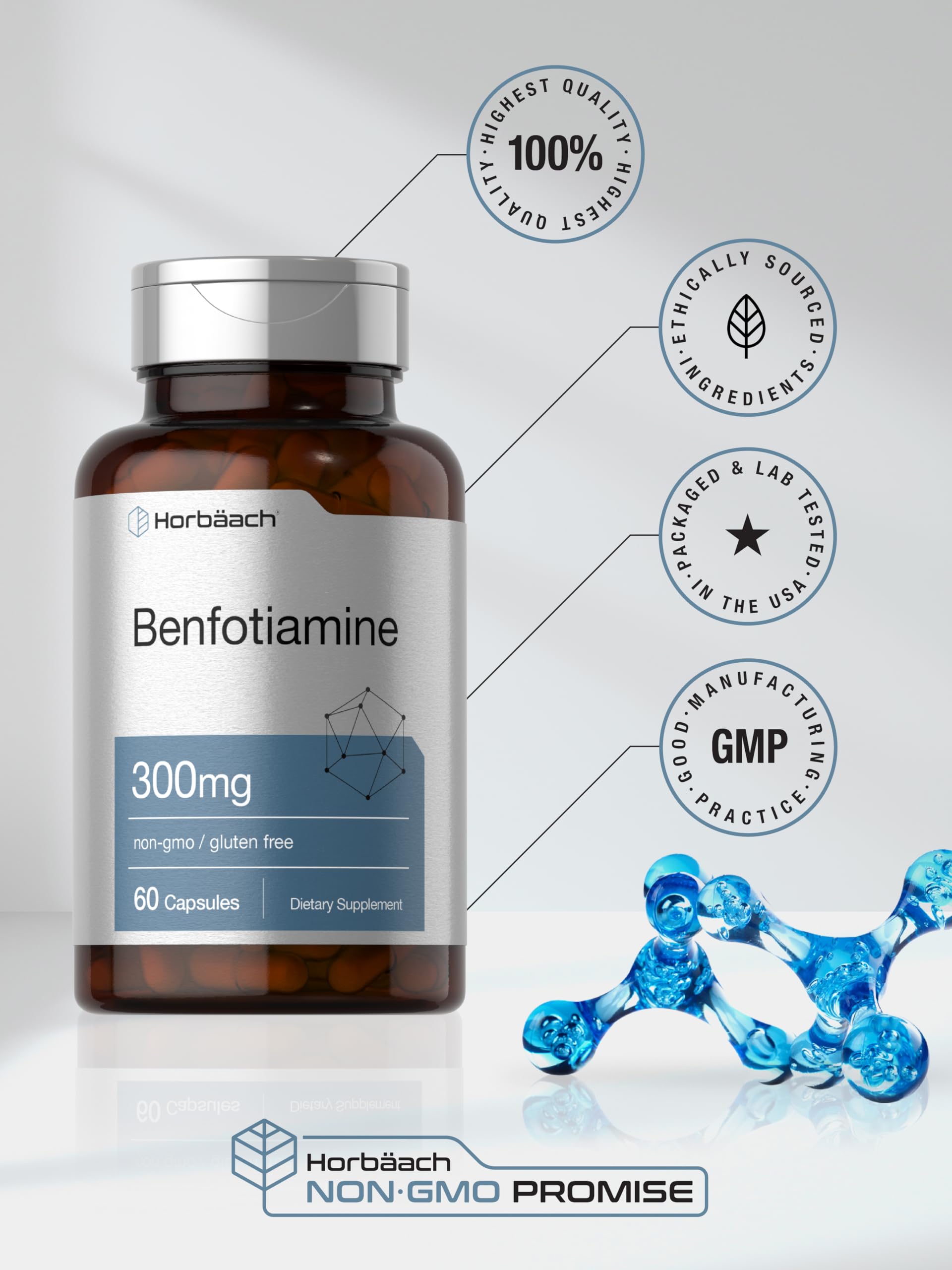 Horbaach Benfotiamine 300mg | 60 Capsules | Vitamin B1 Thiamine | Non-GMO & Gluten Free Supplement - Image 6