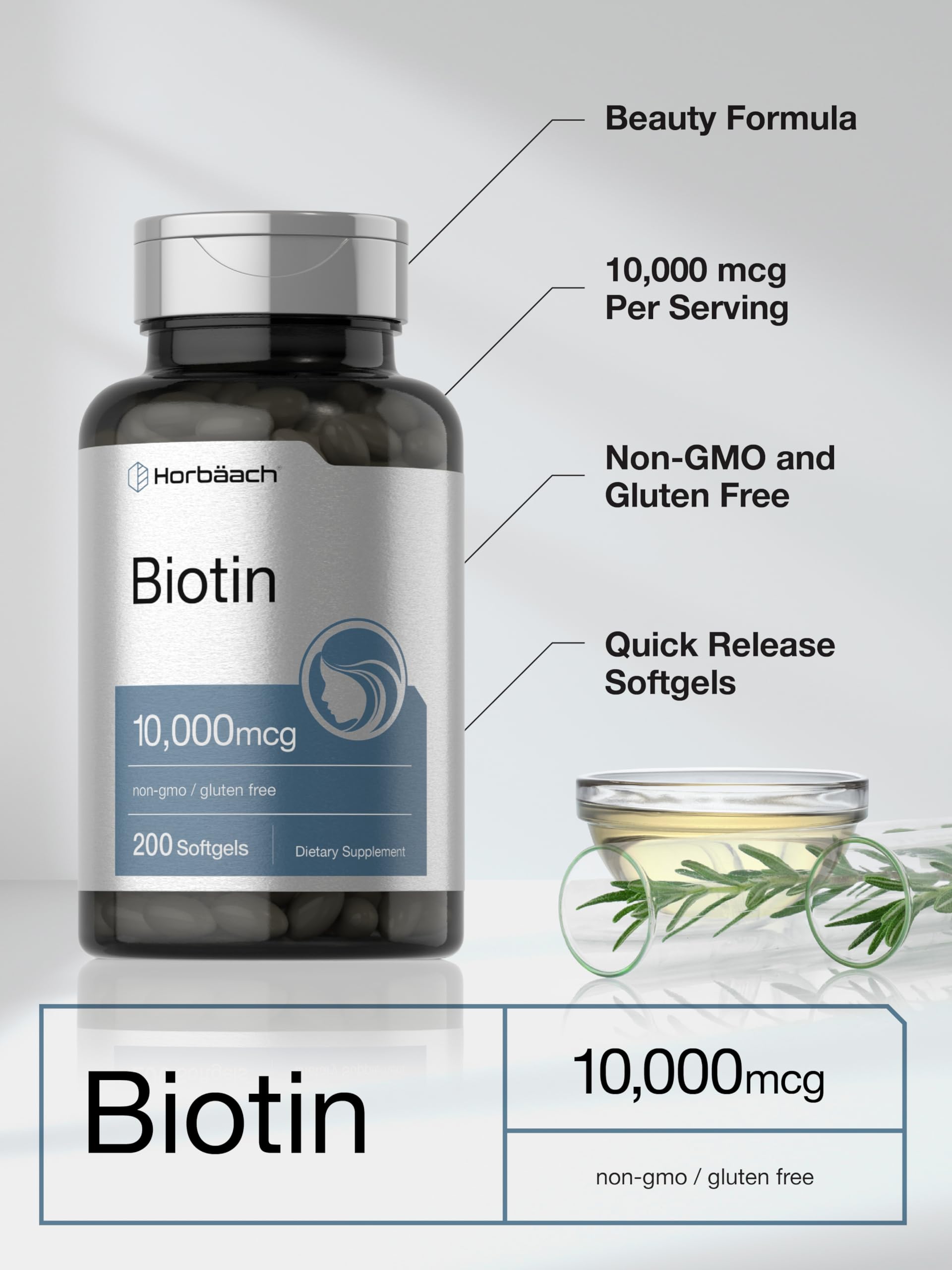 Horbaach Biotin 10000 mcg | 200 Softgels with Vitamin B7 | Beauty Formula Supplement | Non-GMO & Gluten Free - Image 4