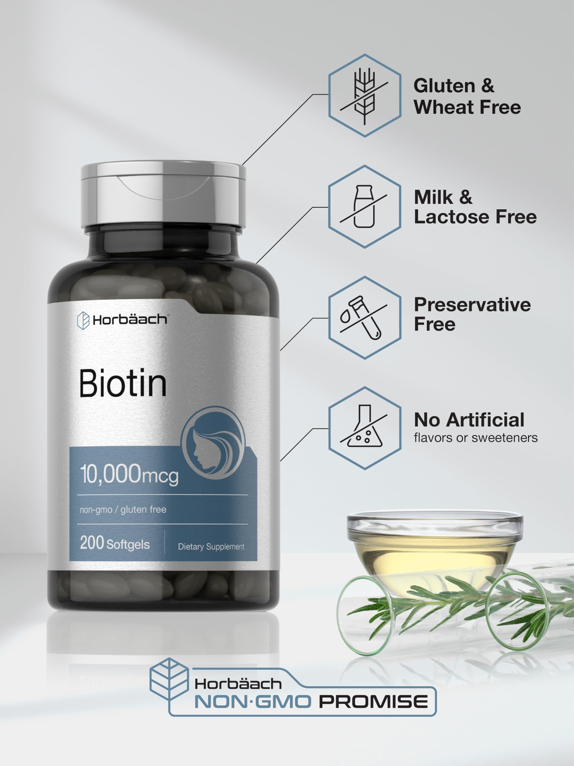 Horbaach Biotin 10000 mcg | 200 Softgels with Vitamin B7 | Beauty Formula Supplement | Non-GMO & Gluten Free - Image 5