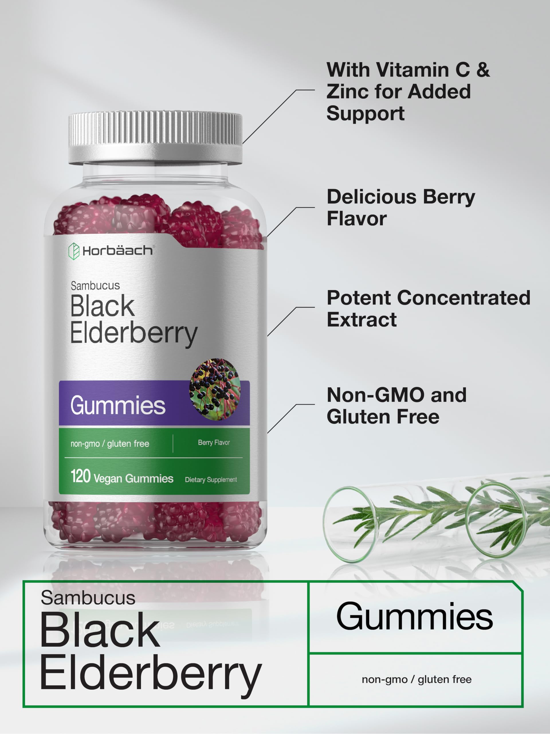 Horbaach Black Elderberry Gummies | 120 Count | Sambucus Extract | with Zinc and Vitamin C | Berry Flavor | Vegan, Non-GMO, and Gluten Free Supplement for Adults - Image 4
