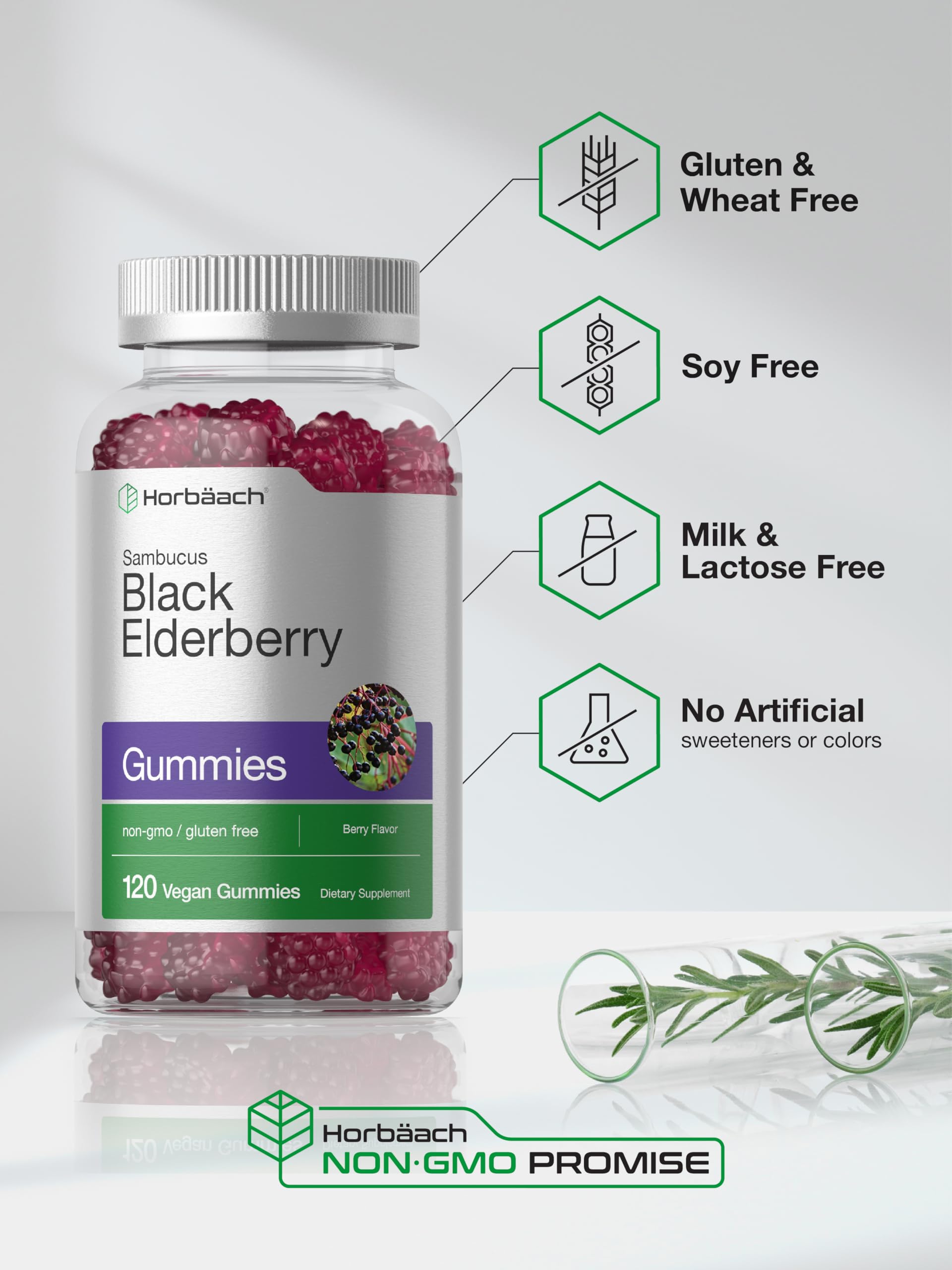 Horbaach Black Elderberry Gummies | 120 Count | Sambucus Extract | with Zinc and Vitamin C | Berry Flavor | Vegan, Non-GMO, and Gluten Free Supplement for Adults - Image 5