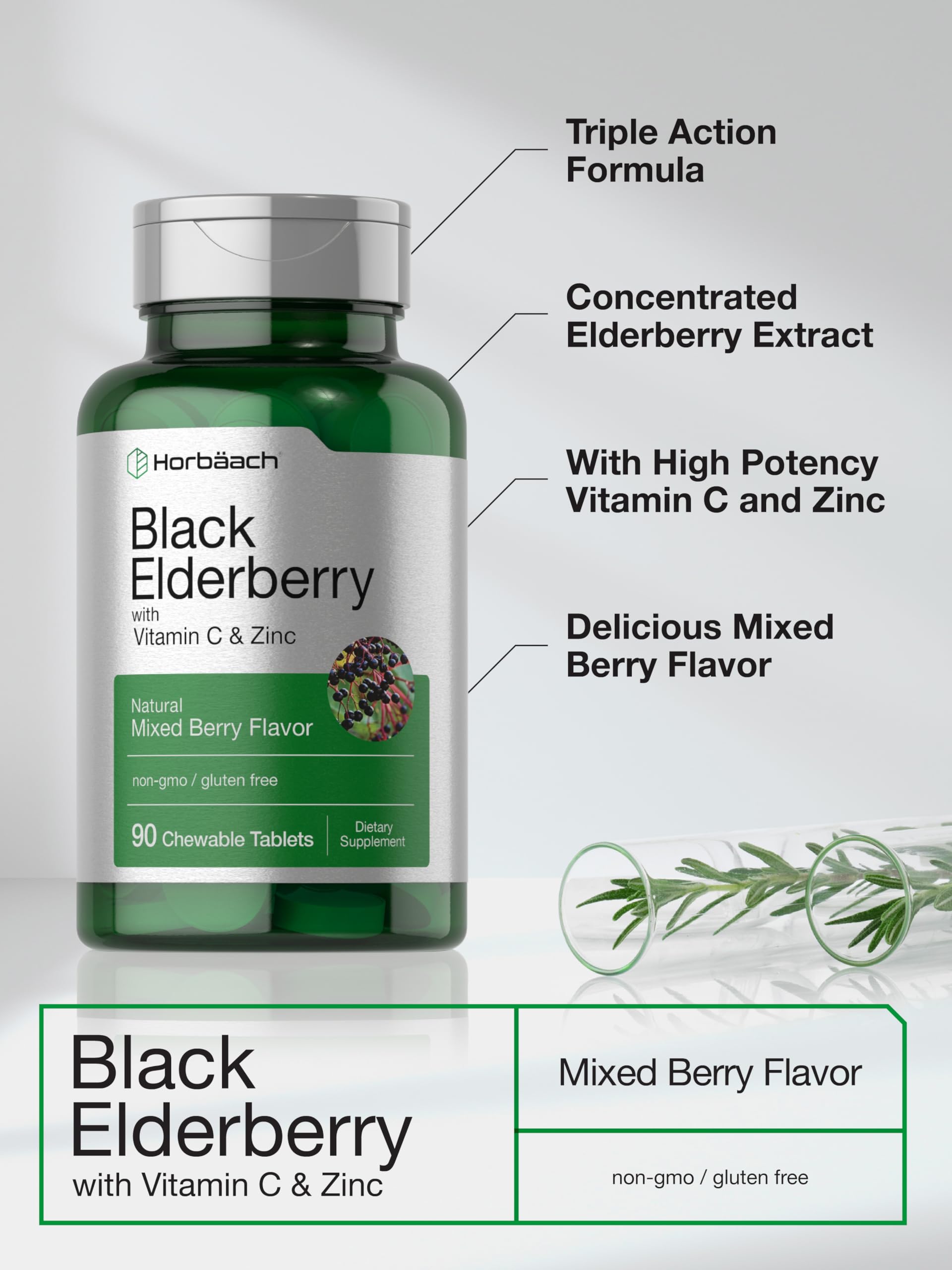 Horbaach Black Elderberry with Vitamin C and Zinc | 90 Chewable Tablets | Mixed Berry Flavor | Immune Support Complex | Vegetarian, Non-GMO, and Gluten Free Supplement - Image 4