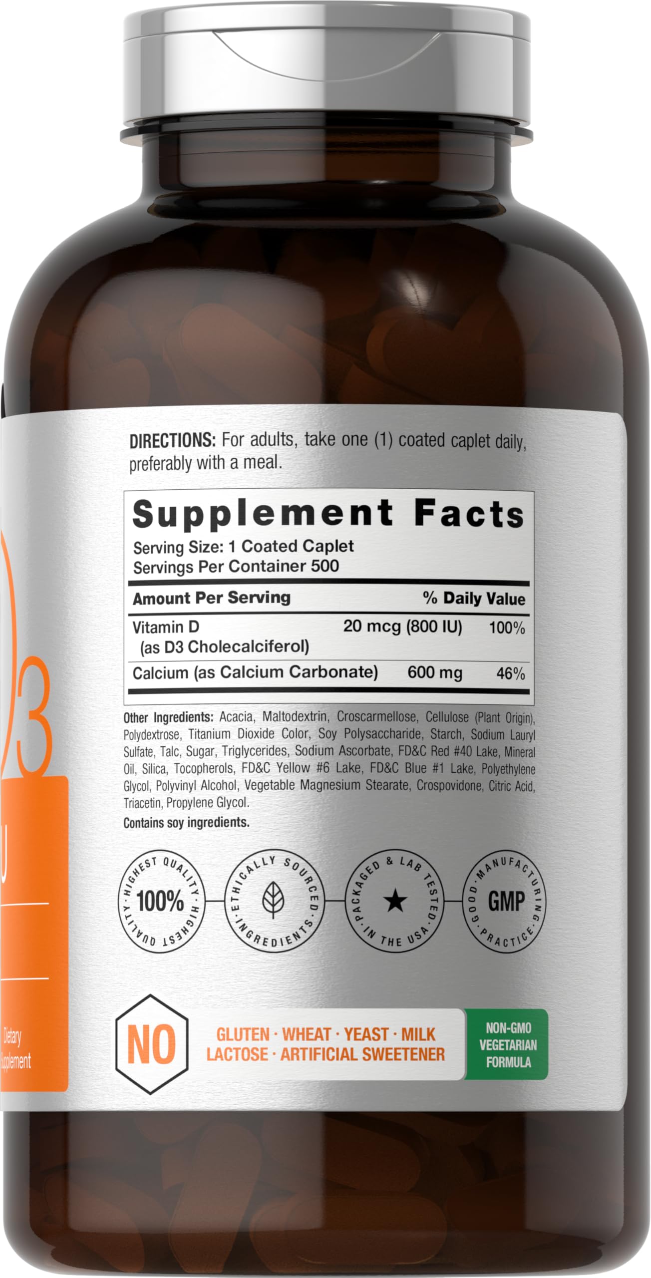 Horbaach Calcium 600 mg with Vitamin D3 | 500 Coated Caplets | for Women and Men | Non-GMO & Gluten Free Supplement - Image 2