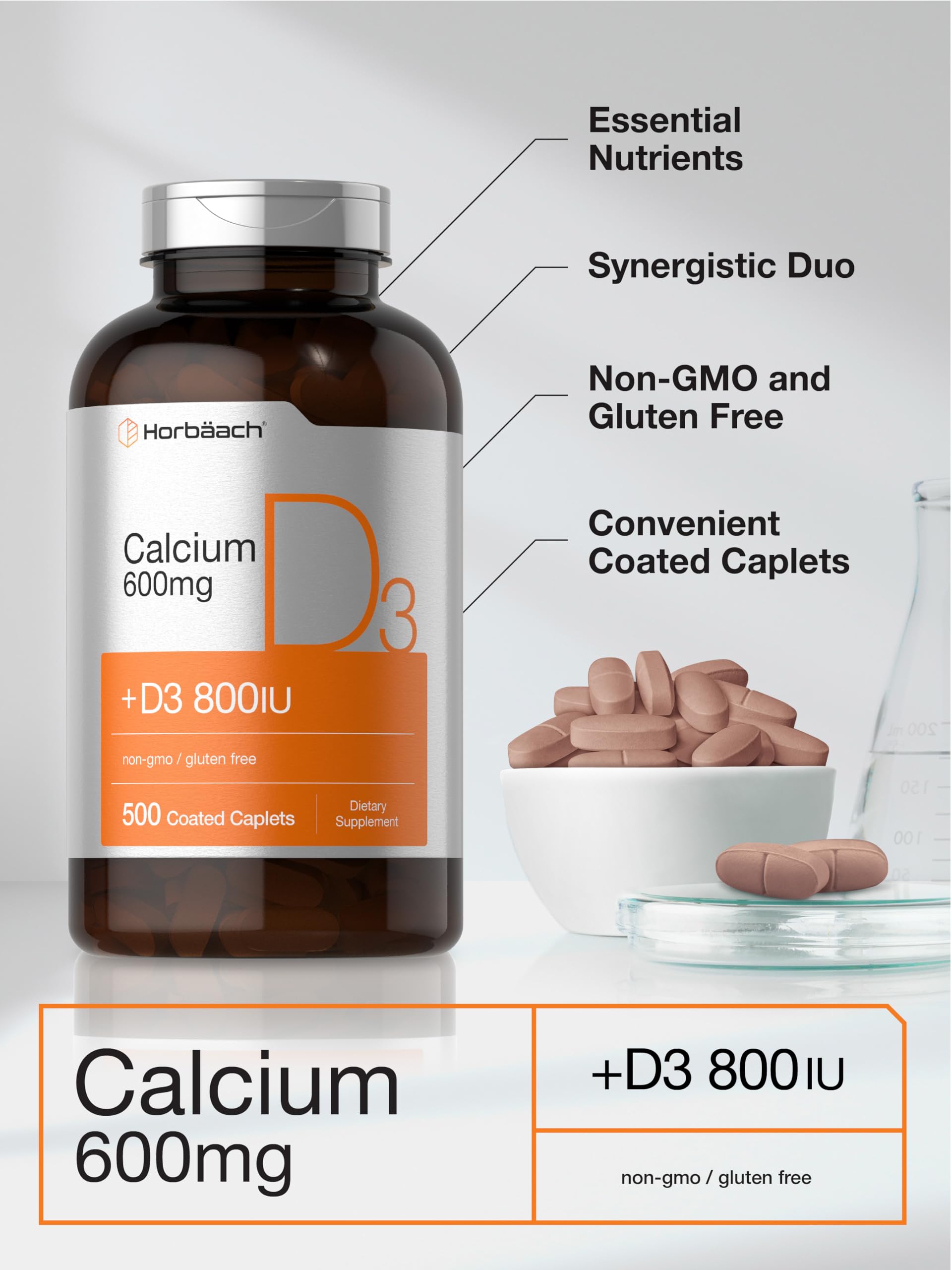 Horbaach Calcium 600 mg with Vitamin D3 | 500 Coated Caplets | for Women and Men | Non-GMO & Gluten Free Supplement - Image 4
