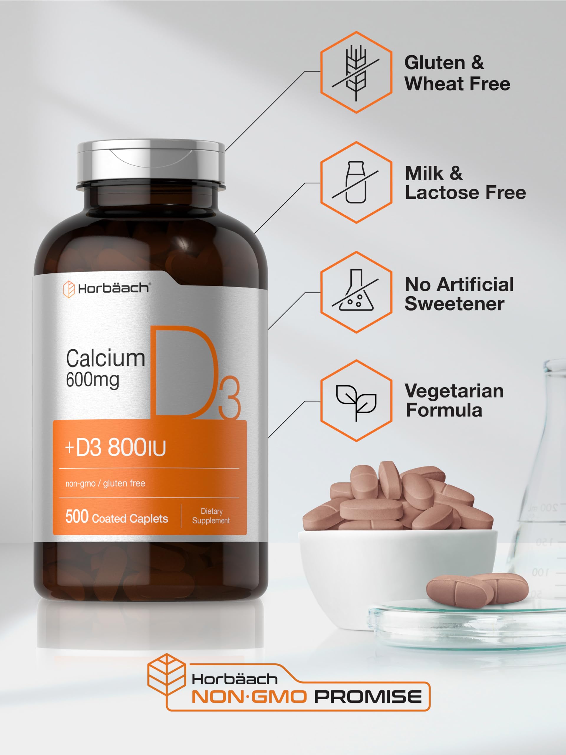 Horbaach Calcium 600 mg with Vitamin D3 | 500 Coated Caplets | for Women and Men | Non-GMO & Gluten Free Supplement - Image 5