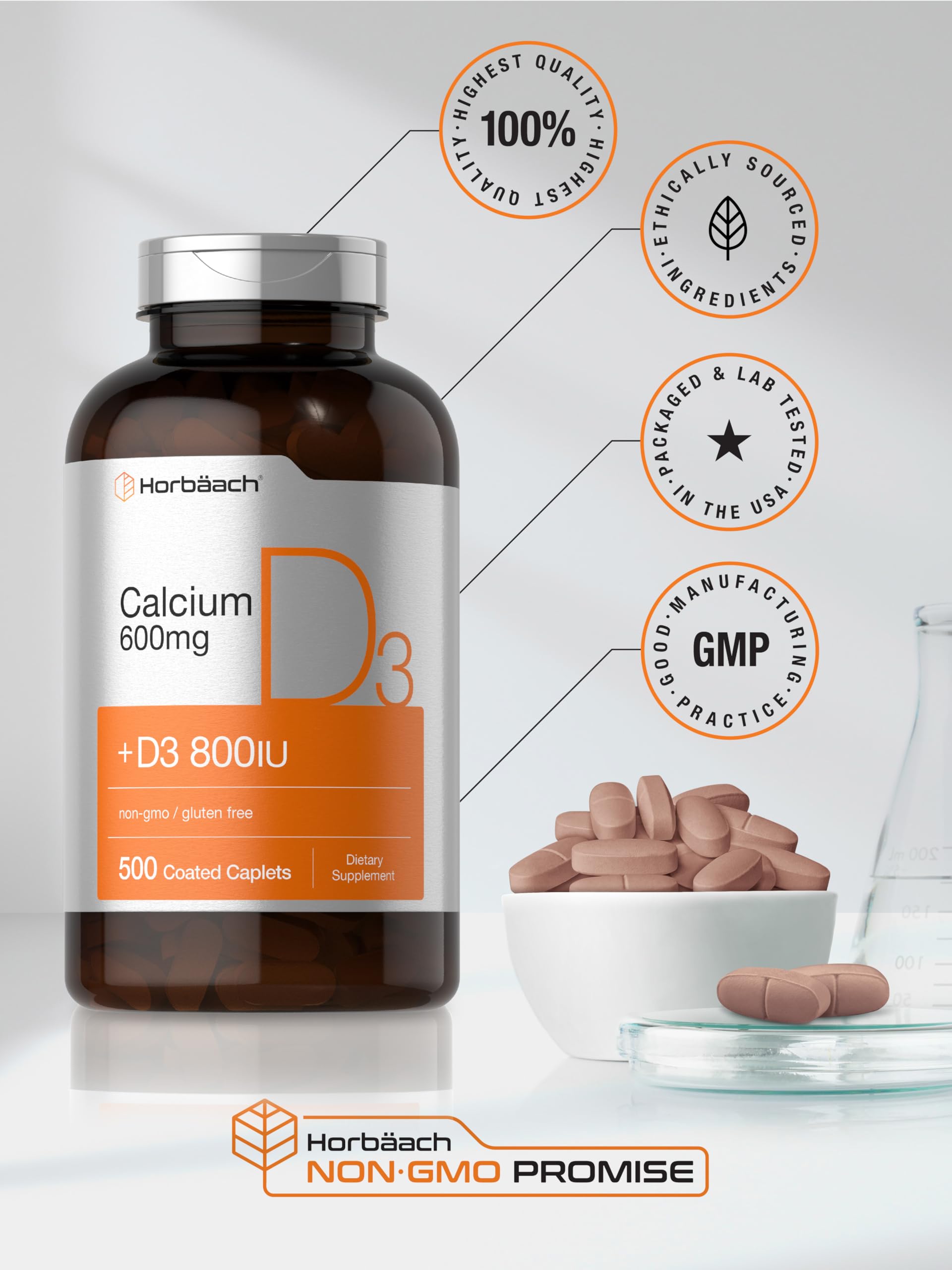 Horbaach Calcium 600 mg with Vitamin D3 | 500 Coated Caplets | for Women and Men | Non-GMO & Gluten Free Supplement - Image 6