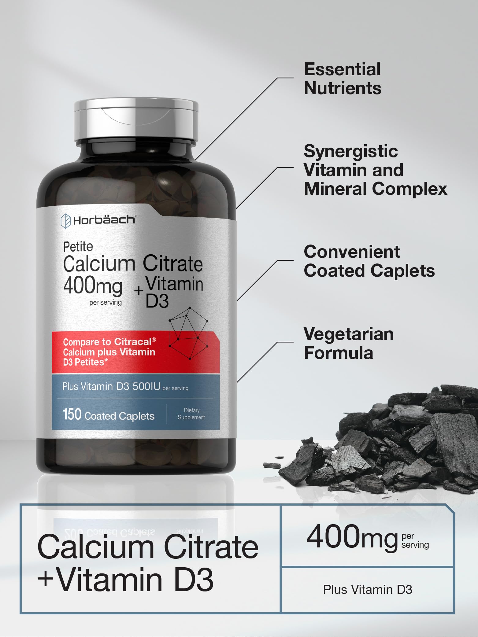 Horbaach Calcium Citrate 400mg with Vitamin D3 | 150 Petite Coated Caplets | Supplement for Men and Women | Vegetarian, Non-GMO & Gluten Free - Image 4