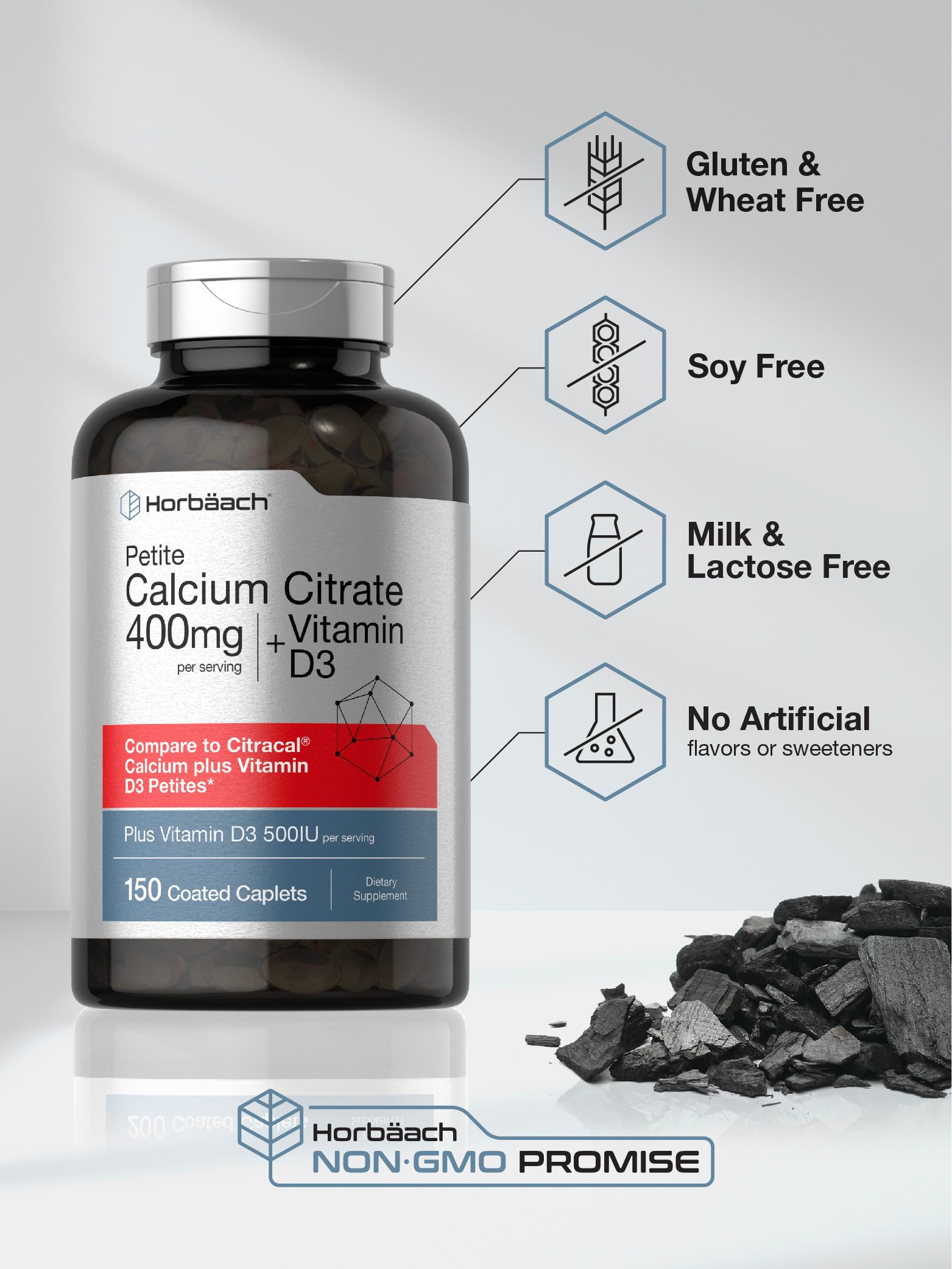 Horbaach Calcium Citrate 400mg with Vitamin D3 | 150 Petite Coated Caplets | Supplement for Men and Women | Vegetarian, Non-GMO & Gluten Free - Image 5
