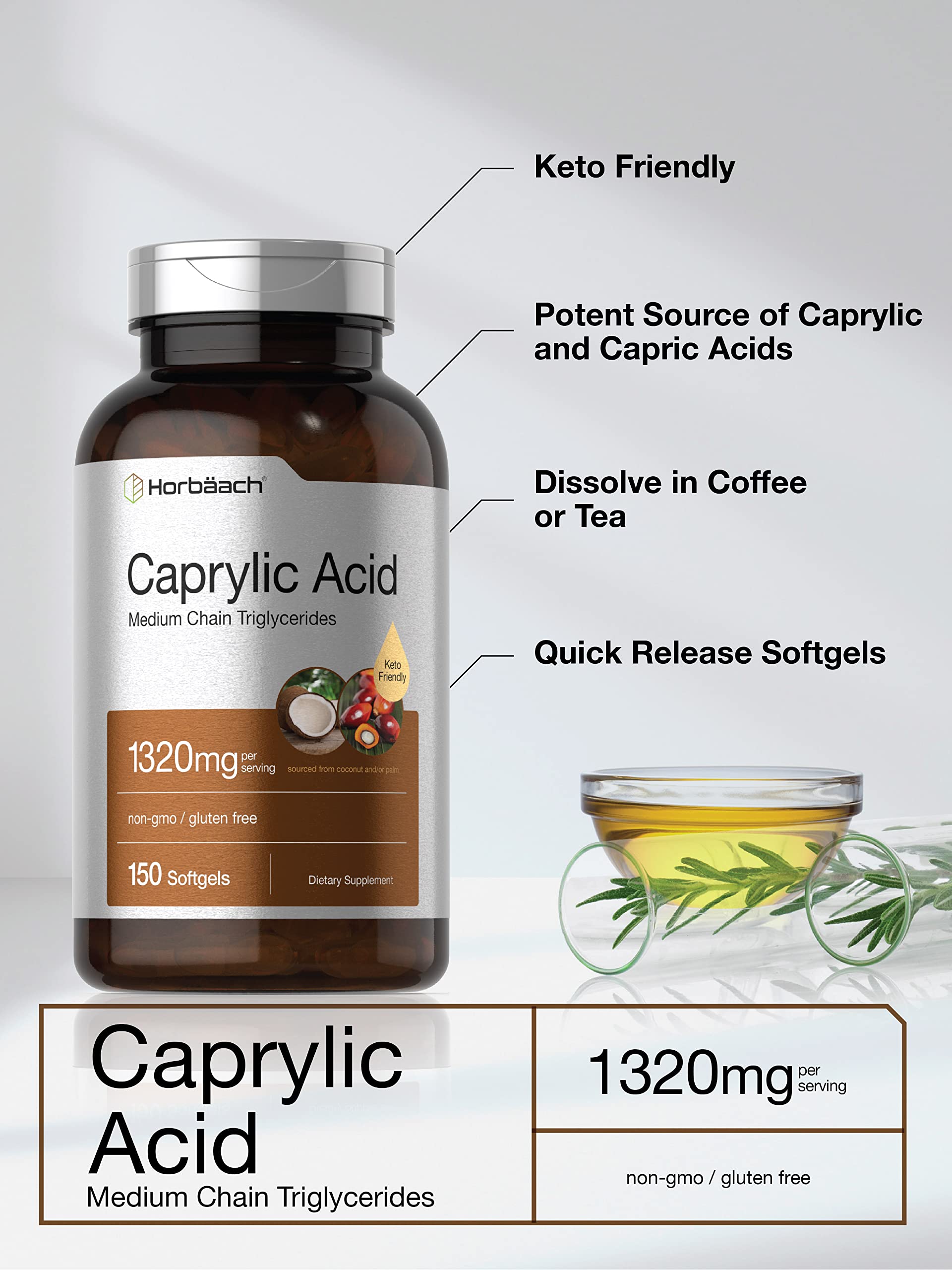 Horbaach Caprylic Acid Supplement 1320mg | 150 Softgel Capsules | from MCT Oil | Non-GMO and Gluten Free - Image 3
