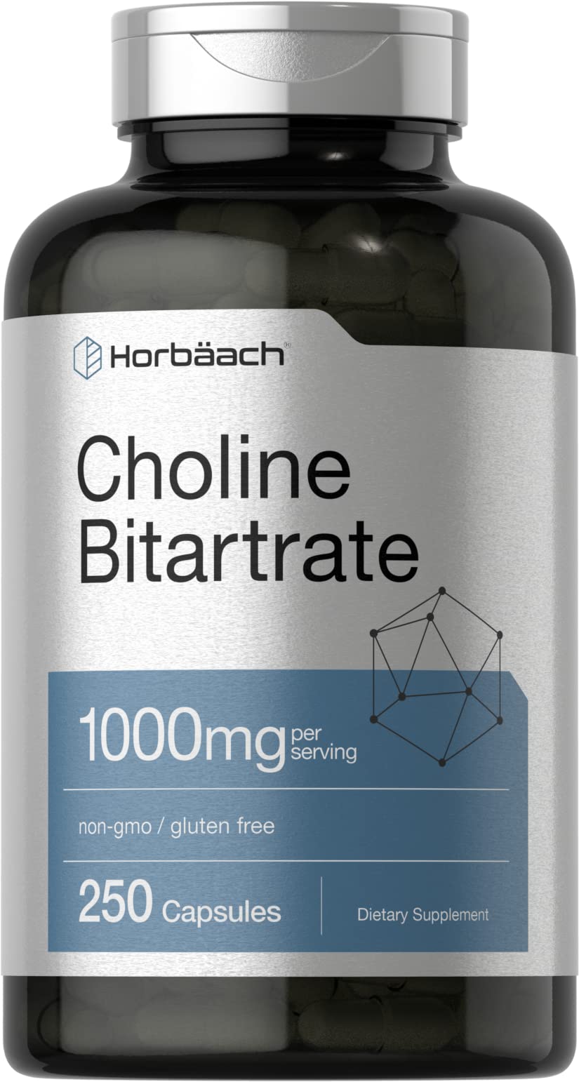 Horbaach Choline Bitartrate Supplement | 1000mg | 250 Capsules | High Potency | Non-GMO, Gluten Free