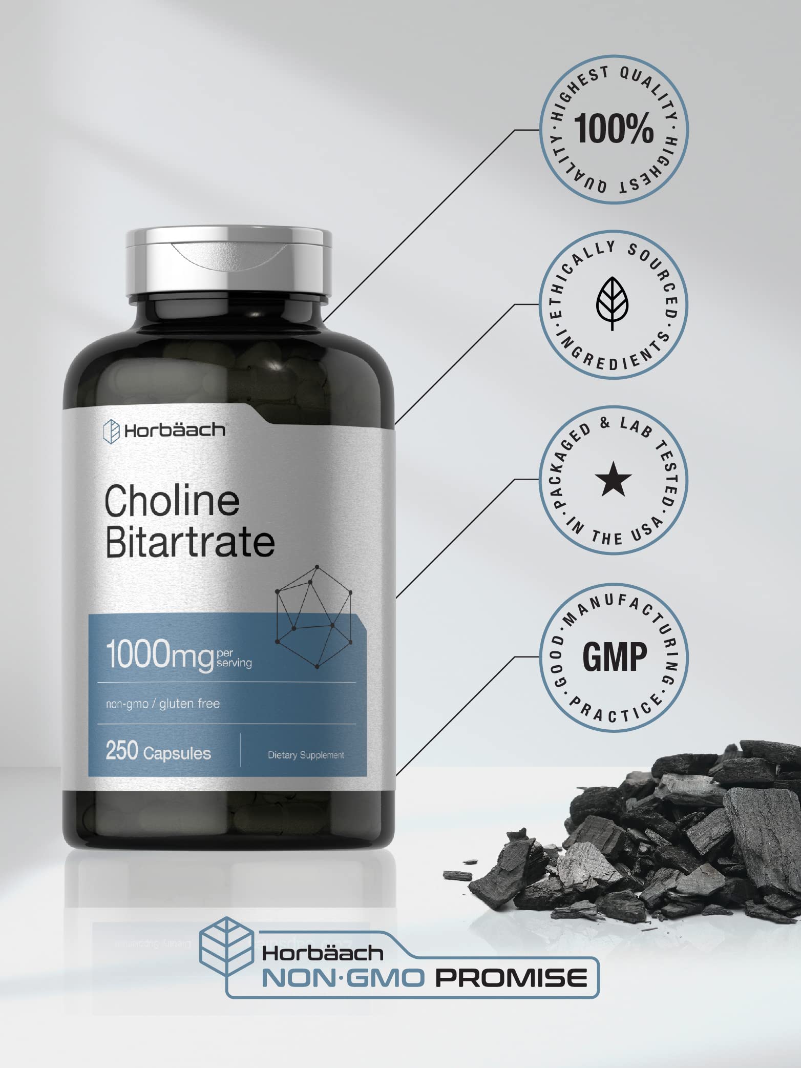 Horbaach Choline Bitartrate Supplement | 1000mg | 250 Capsules | High Potency | Non-GMO, Gluten Free - Image 5