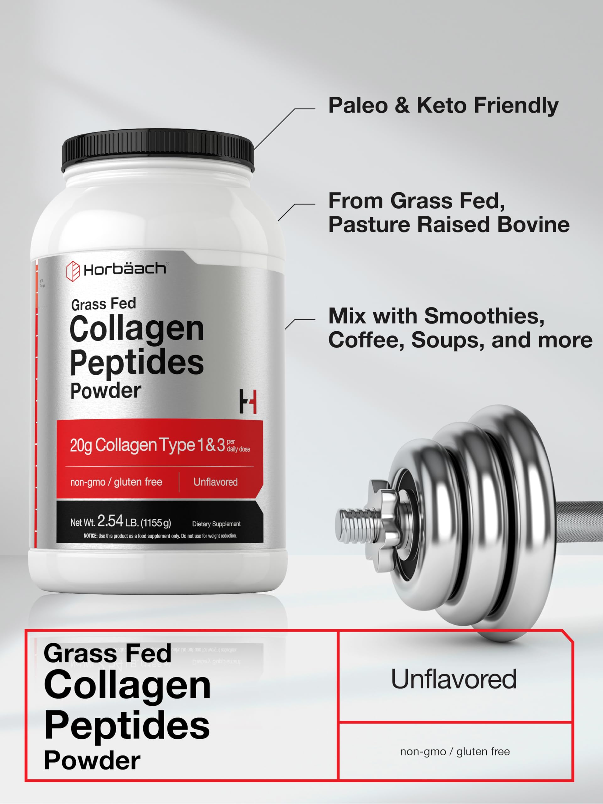 Horbaach Collagen Peptides Powder 40 oz | Unflavored | for Men & Women | Grassfed Type I & III | Non-GMO, Gluten Free Supplement - Image 4