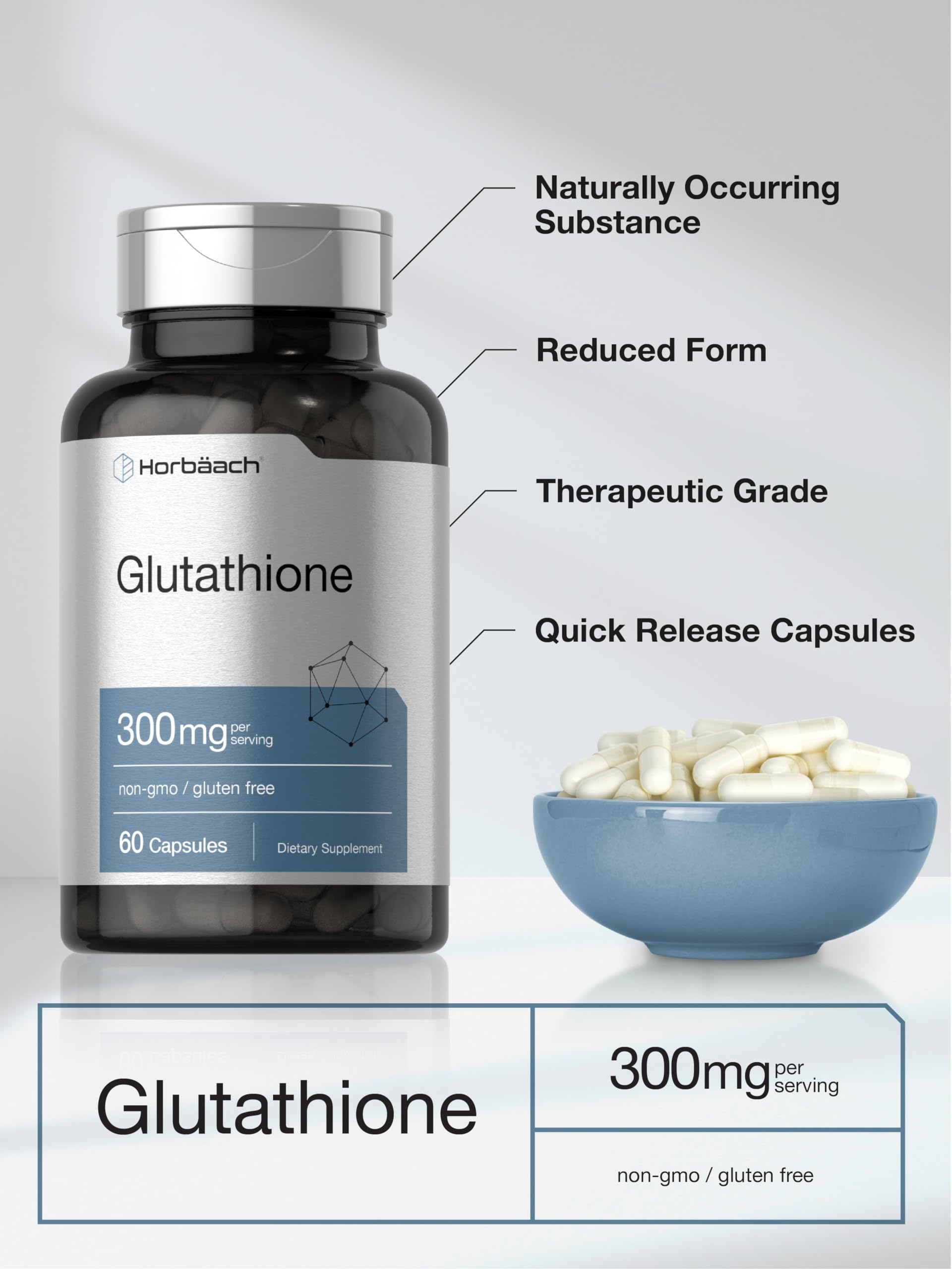 Horbaach Glutathione Supplement | 300mg | 60 Capsules | Non-GMO & Gluten Free | Reduced Form - Image 4