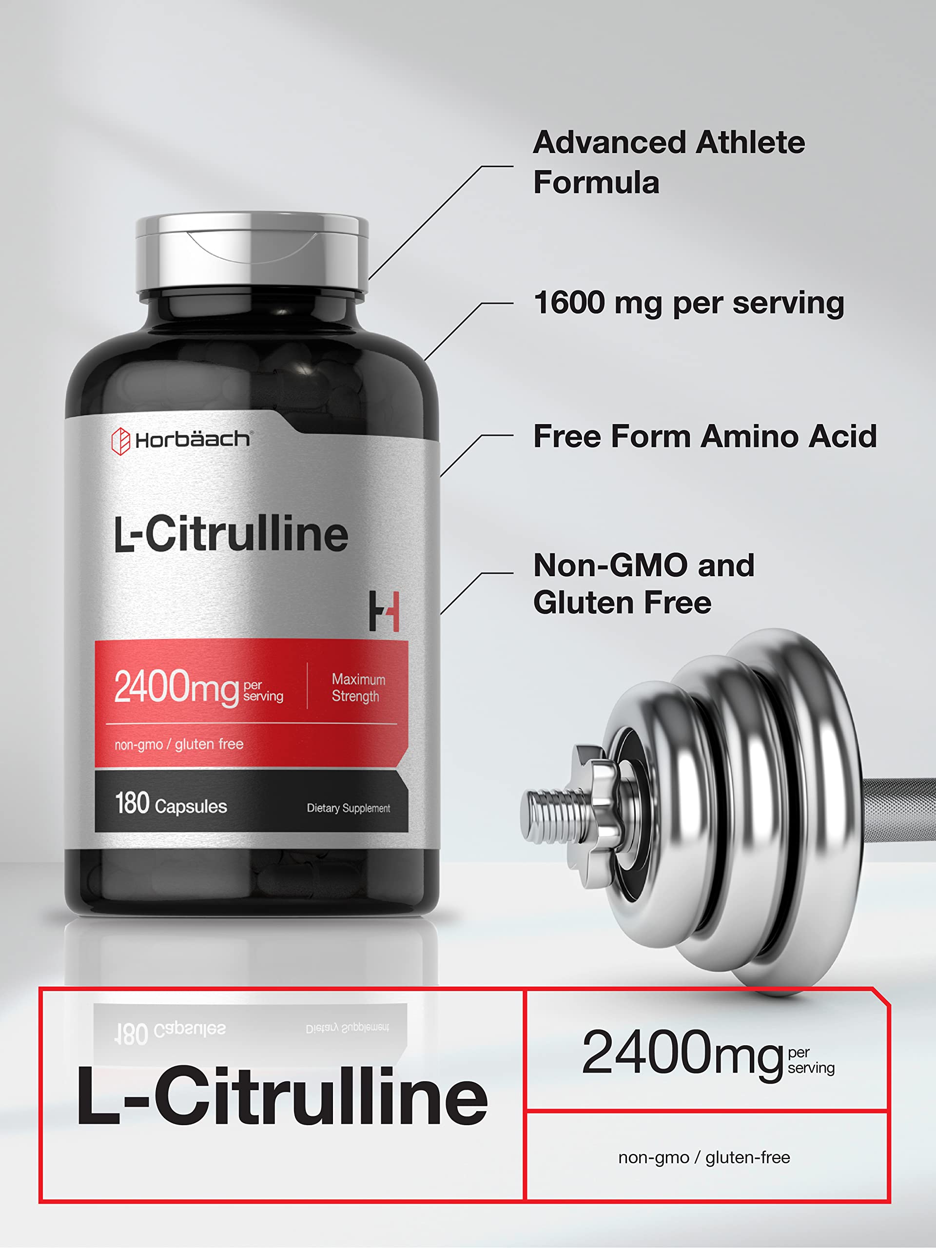 Horbaach L Citrulline Supplement for Men and Women | 2400 mg | 180 Capsules | Maximum Strength and Free Form | Non-GMO, Gluten Free - Image 3