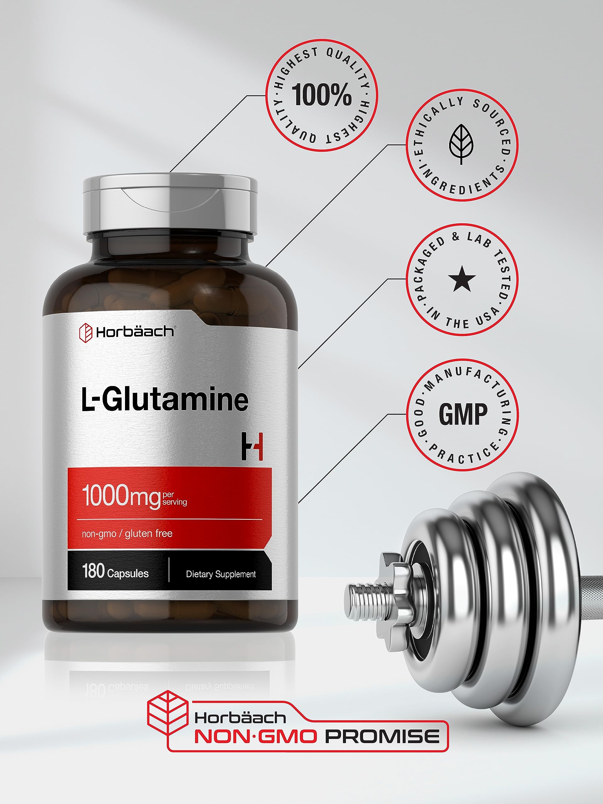 Horbaach L Glutamine Capsules 1000mg | 180 Powder Pills | Supplement for Women and Men | Pre Workout & Post Workout | Non-GMO & Gluten Free - Image 6