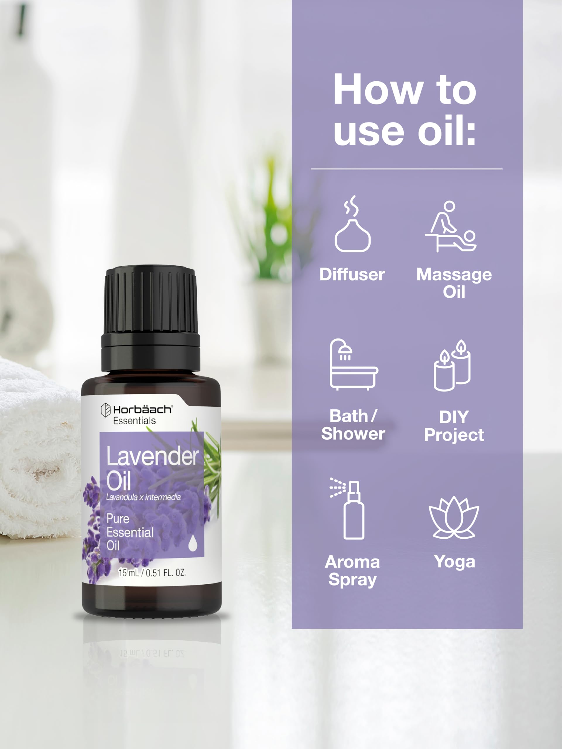 Horbaach Lavender Essential Oil Pure | .51 fl oz | for Skin, Hair, Diffuser, Bath, Aromatheraphy, Soap and Candles - Image 4