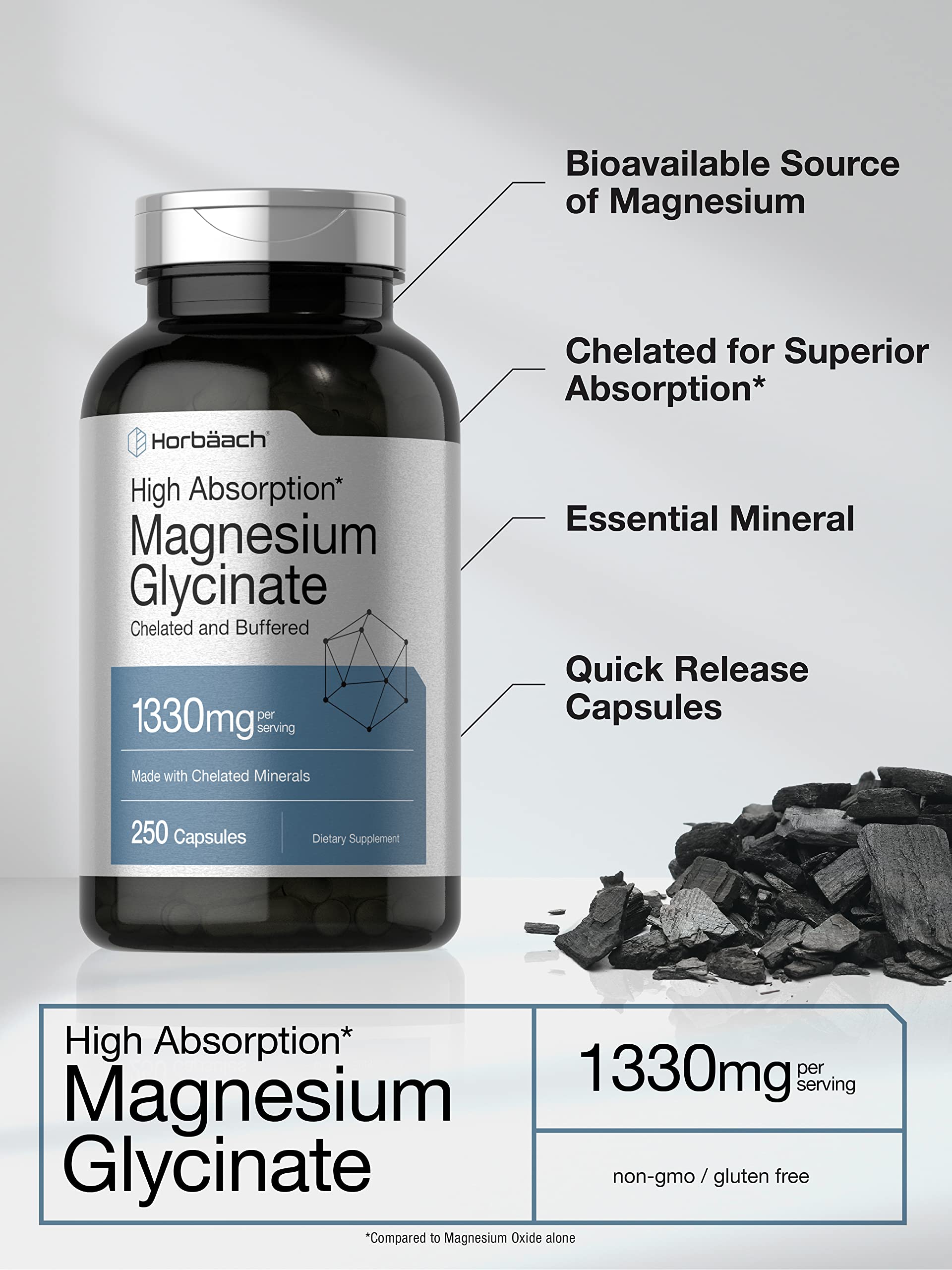 Horbaach Magnesium Glycinate 1330mg | 250 Capsules | Buffered with Chelated Minerals | 240 mg per Serving | Non-GMO, Gluten Free Supplement - Image 3